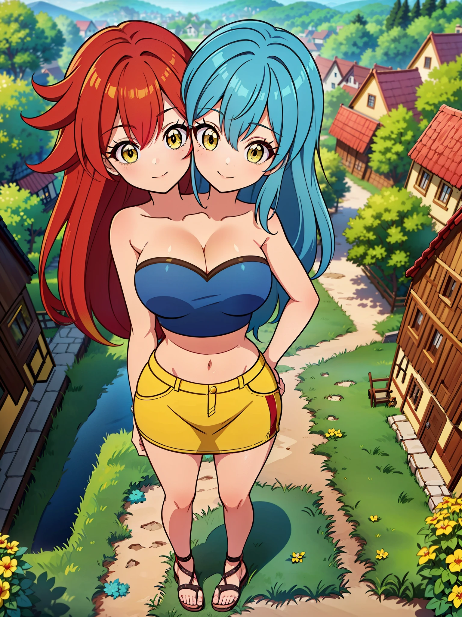 best quality, (masterpiece),(ultra-detailed), (high quality), (high resolution), ((2heads:1.5)), best quality:1.5, highres, UHD, 16K), ((two headed woman)), smiling, highres, masterpiece, ((vibrant red hair:1.5)), ((vibrant blue hair:1.5)), ((different hair colors)), cleavage, ((yellow crop top:1.5)), lustrous and smooth skin, seductive silhouette, rpg fantasy dress, sexy proportions, Beautiful girl with accentuated slender abs, ((full body)), long legs, ((village background:1.5)), ((exposed midriff)), body con dress, strapless, sleeveless, yellow eyes, ((long hair)), ((sandals))