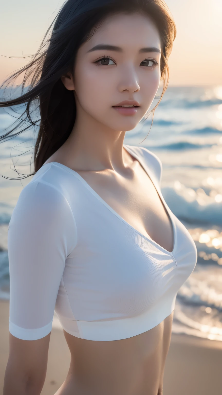 Ultra-detailed 8K photos of Japanese gravure models，Shoulder-length wavy hair and striking hazel eyes. She strikes a seductive pose on a tropical beach, dress chicly, Vest,  mini skirt, The afterglow of the setting sun casts a warm light on her, when she naughtily, Looking at the camera, Surrounded by peaceful and beautiful ocean and palm trees