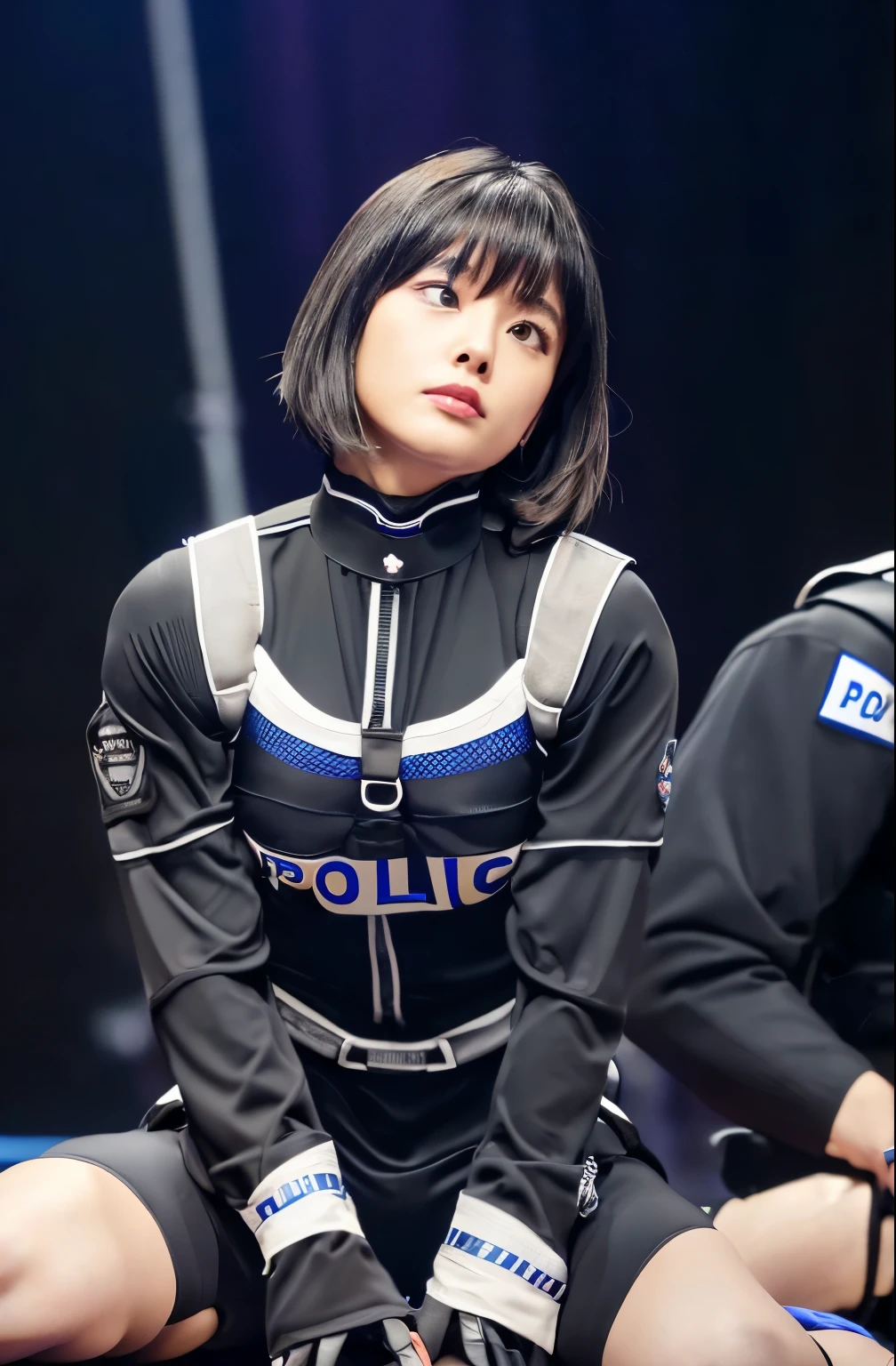High resolution、Photorealistic、Hyperrealism、Slender body、Realistic、Beautiful Japanese Women、Black-haired、Medium Bob Hair、bangs、Detailed face、Detailed lips、Beautiful Eyes、Glowing Skin、one person、Ideal beauty、30 years old、(Big Breasts)、(The backdrop seen by the audience on stage at the show)、((((Black racing suit、I like police uniforms, Black and grey mech, Wearing a military harness, Has a submachine gun))))、((((Lying on the stage floor, look up、Close ~ eyes, sleep,  Unconscious、Spread your legs、Seduce)))),  ((Cowboy Shot, From below))