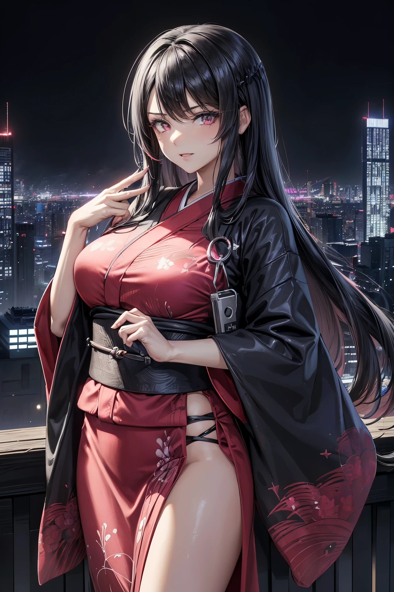 anime, (obra de arte, melhor qualidade, ultra-detalhado, alto contraste), 1 mulher (Sozinho, corpo todo, corpo plus size, standing on the edge of the skyscraper, cabelo prateado, CABELO LONGO E FLUXO, olhos vermelhos brilhantes de rubi, (Kimono preto, black cybernetics with neon pink), meias pretas transparentes), (skyscraper roof, com vista para uma cidade, fundo detalhado ((night time, Darkness, low light pollution)))