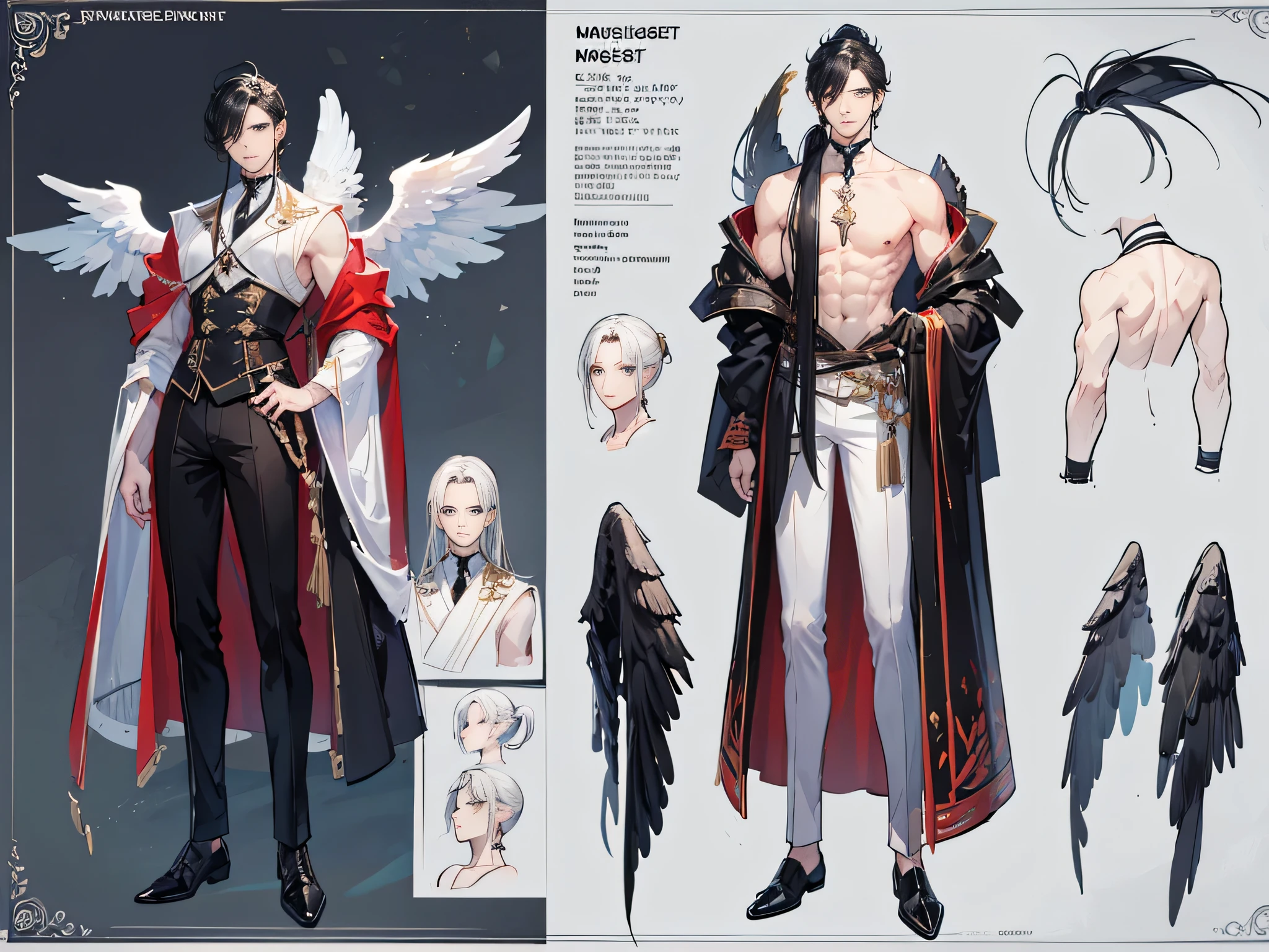 ((Masterpiece, Highest quality)), Male, boy, Detailed face, character design sheet， full bodyesbian, Full of details, frontal body view, back body view, Highly detailed, Depth, Many parts, angel wings, angel outfit, Muscle boy with black ponytail hair, black hair, handsome man, male angel , man tall 