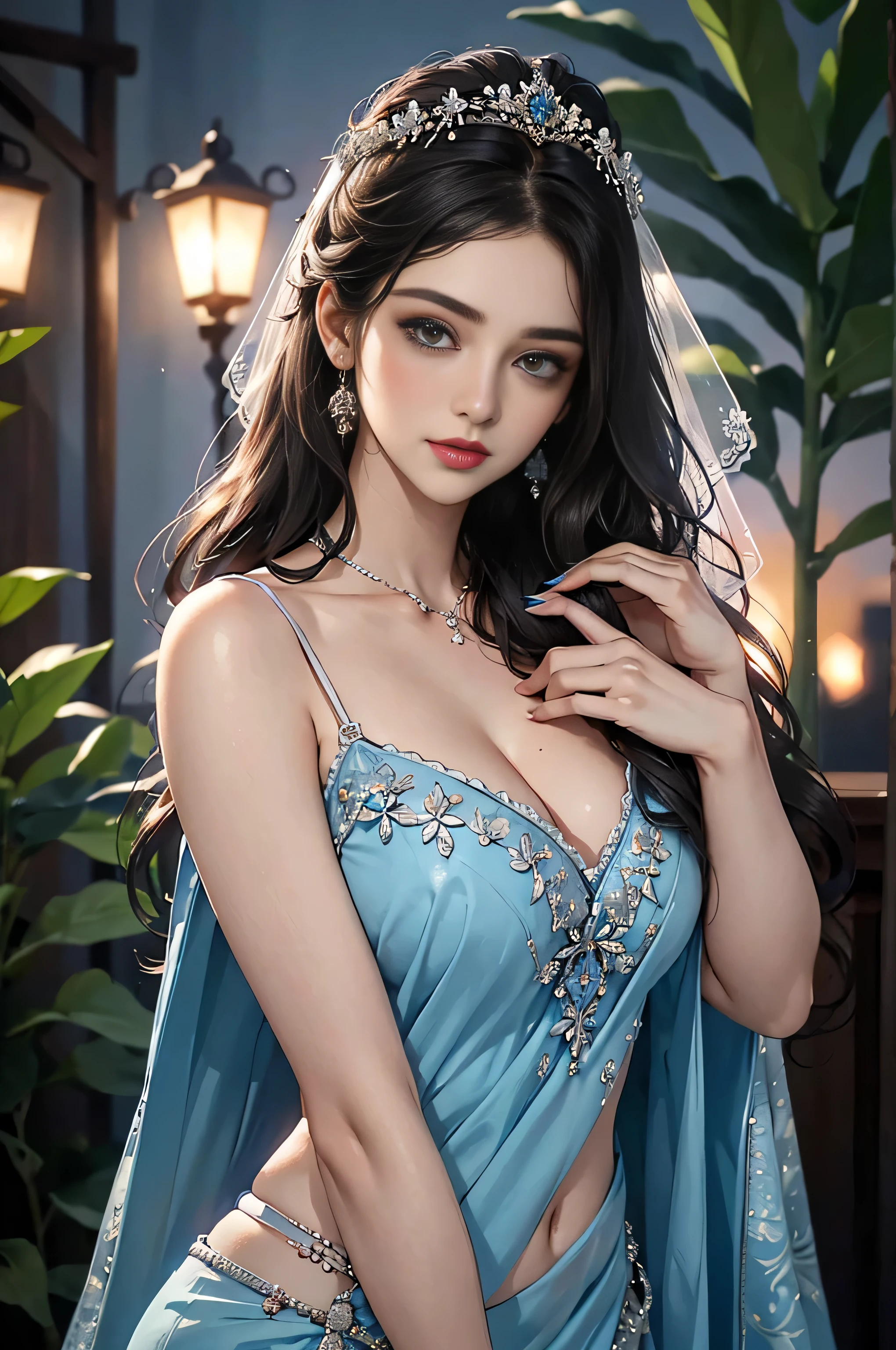 Young russian woman, bride, sexy blue wedding saree, black blouse, wedding, flower in hair, garden, night, detailed body, detailed face, ultra realistic, charming, cute, big hazel eyes with long curly hair, perfect fingers, ambient lighting, winter, detailed background, 8k