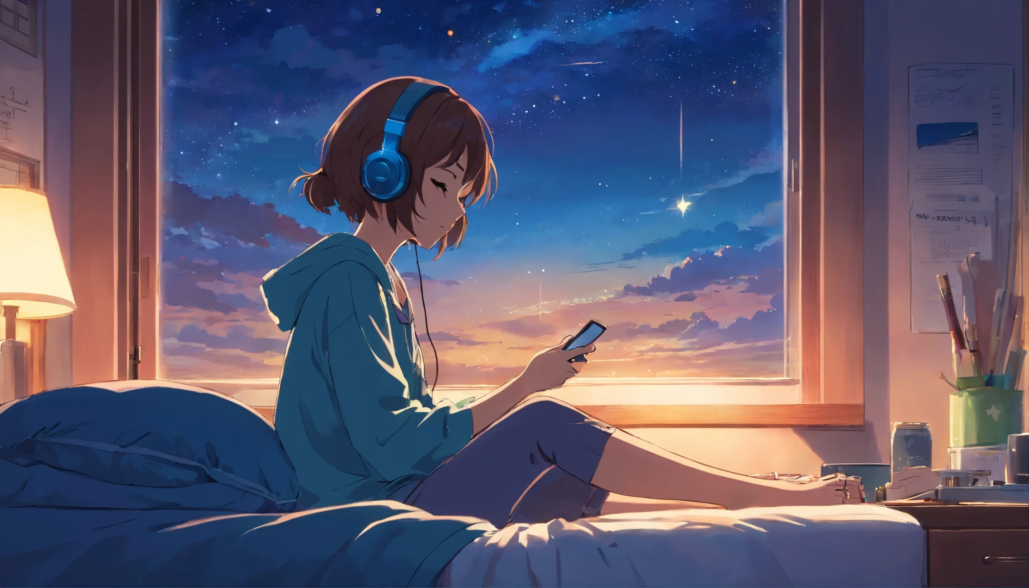 (Bedside window, Large windows, Sleeping girl, Headphones, Smartphone in hand, Big night sky, Many Stars)