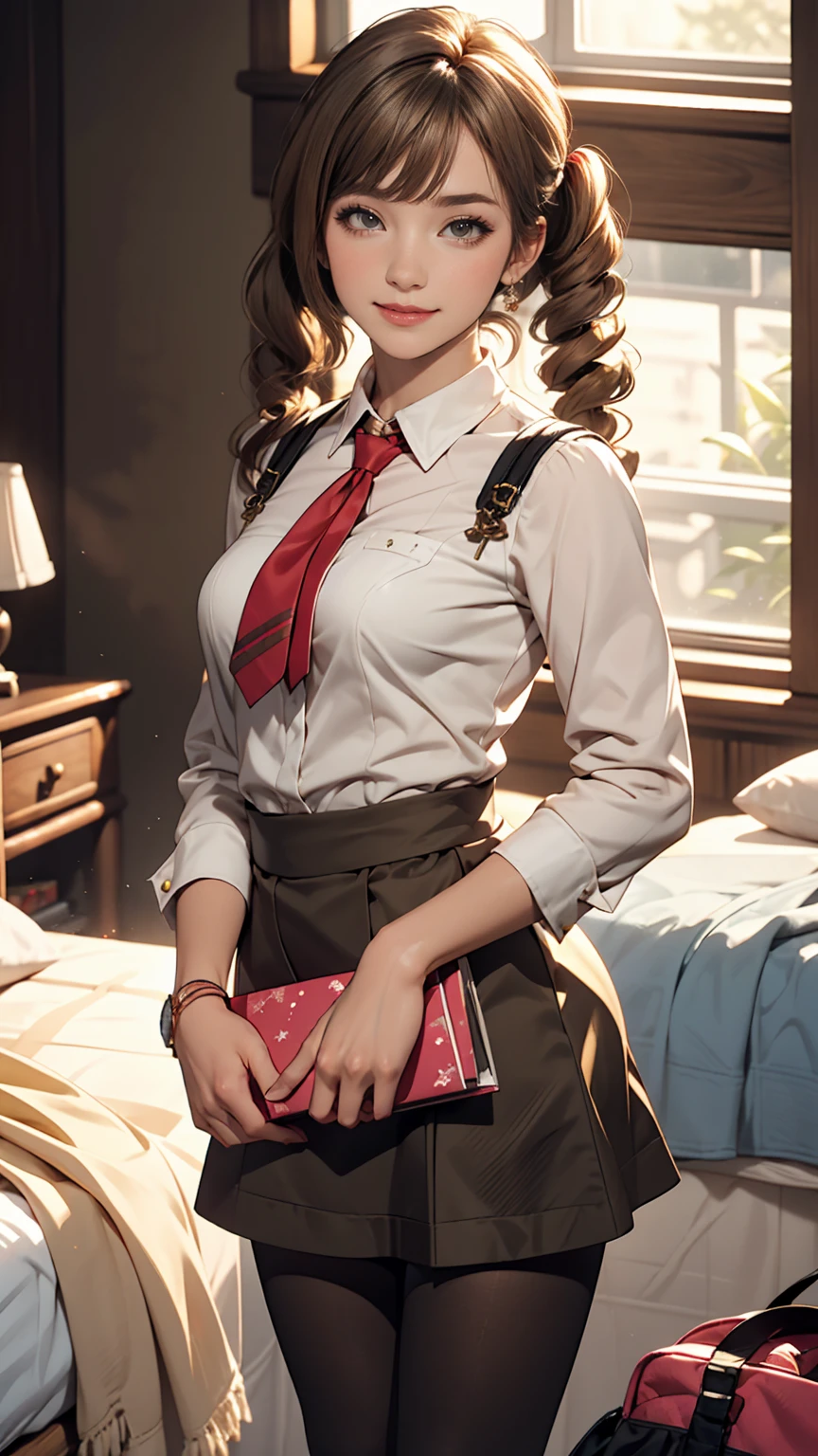 Minami Kotori, One girl, 一人in, masterpiece, One girl, highest quality, Super detailed, (Shiny), , ((bedroom)), indoor, bed, :p, blush, Ray Tracing,perfect Lighting, (Shiny skin:1.2),reflection, length_hair, Looking_in_Audience, blush, skirt, ribbon, Twin tails, yellow_eye, pantyhose, bag, black_pantyhose, low_Twin tails, Light_Brown_hair, Hello, Nipples, Browsing Caution,、smile