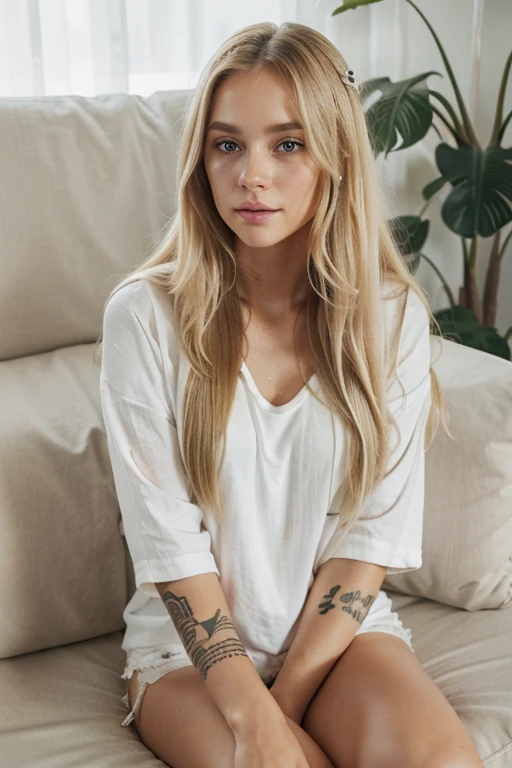 (best quality,photorealistic),beautiful blonde haired girl,long straight hair,beautiful detailed eyes,beautiful detailed lips,tattoos,white loose shirt,white shorts,sitting on sofa,messy hair,natural lighting,relaxed posture,vivid colors