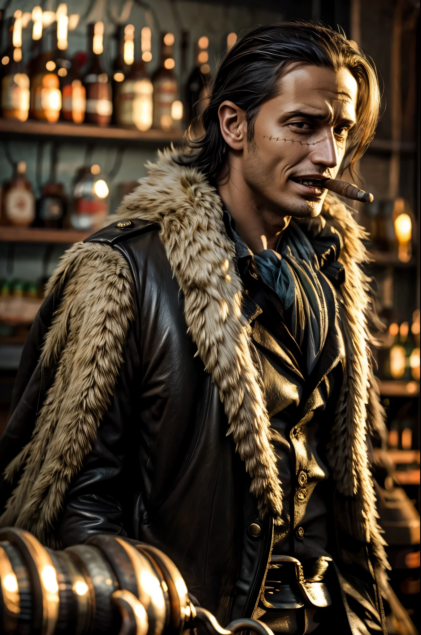 masterpiece, best quality, extremely detailed, hyperrealistic, photorealistic, a cool 40s man, ultra detailed face:1.2, fur-trimmed coat, scarf around the neck, his left hand is a golden pirate hook:1.1, at bar:1.1, beer, cigar, laughing:1.1, dynamic pose
