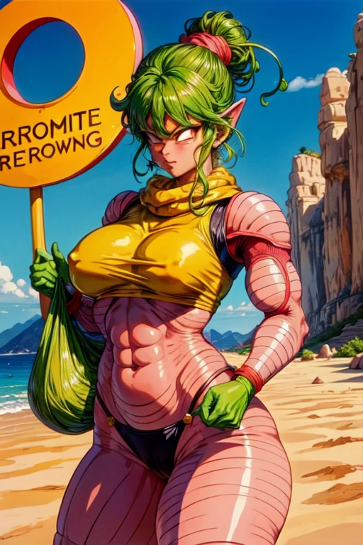 (highest quality:1.4)、High resolution、Detailed Background、desert、Females are smaller、Dragon Ball、Anatomically correct proportions、Green hair tied up、(Green skin)、((Browsing Caution、Big Breasts))、Erect nipples、Sweaty skin、Camel Toe、