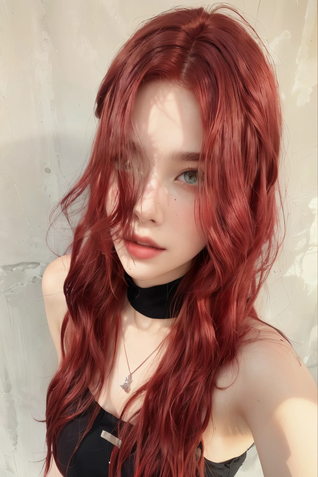 Close-up of woman with red hair and necklace, hair dyed red, pale red, red wig, Long wavy red hair., Dirty red wavy hair, Red hair and attractive features, light red hair, bright wavy red hair, light red hair, has long red hair, curly red hair, red dark red hair, red crimson dark red hair, dark red hair