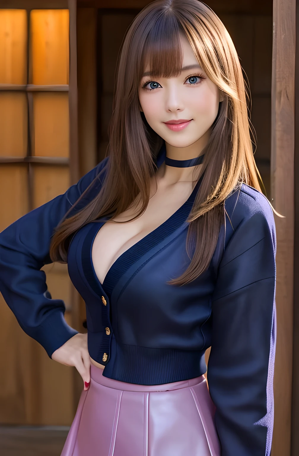 Product quality, One girl per photo, Cowboy Shot, Front view, Young and pretty girl in Japan, Long Bob Hair, Standing with a big smile in front of the entrance to a luxurious mansion, ((Wear a navy blue jacket over a pink V-neck sweater, Black mini skirt)), Super cute face, Glossy Lips, Double eyelids on both eyes, Natural Makeup, shiny smooth light brown hair of Long Bob Hair, asymmetrical bangs, High resolution, Attention to detail, Detailed hairstyle, Detailed face, Cinema Lighting, Octane Rendering, Ultra-realistic, Perfect limbs, Perfect Anatomy, Black choker, Blue Eyes, Very long eyelashes, Big Breasts, bangs, Fantasy, Mountain hut, ((Slim body, Slim face, Large Breasts, Cleavage)), A good attitude