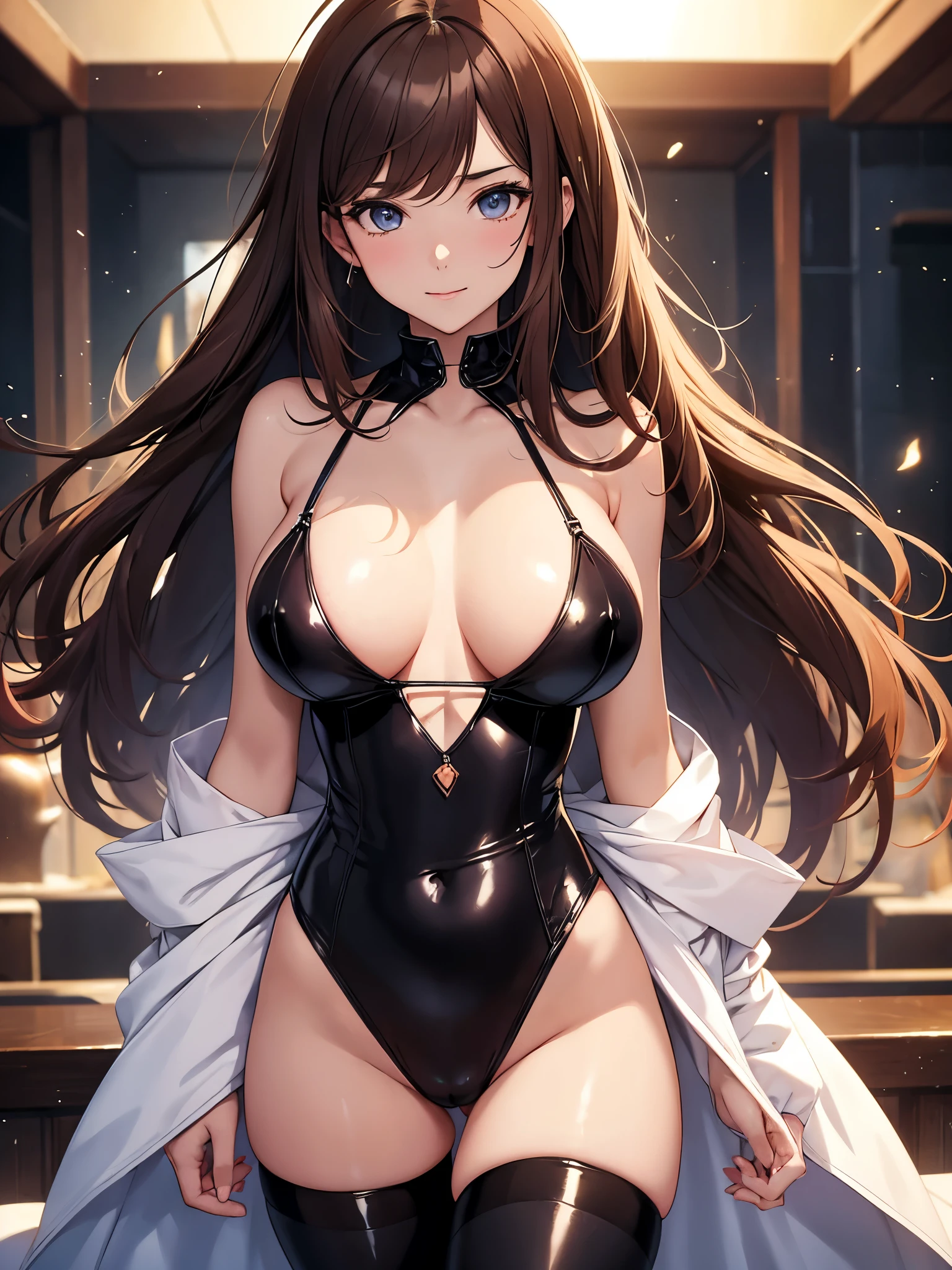 1woman24歳　low angle,
NP: worst quality ,
rule of thirds composition,
beautiful glow,
romanticism,
the most beautiful various colors,  Particle,Magical Gentle Light Beautiful 24 year old、Height: 165 cm、Like Fujiko Mine、Beautiful eyes、smile、atmosphere、beautiful、detailed groin、Sexy Bodysuit、Swimwear、Body stockings、latex,(( cowboy shot,))、Brown Hair、Lots of sweat、、Big Breasts、ART、UHD、highest quality、masterpiece、magical gentle light