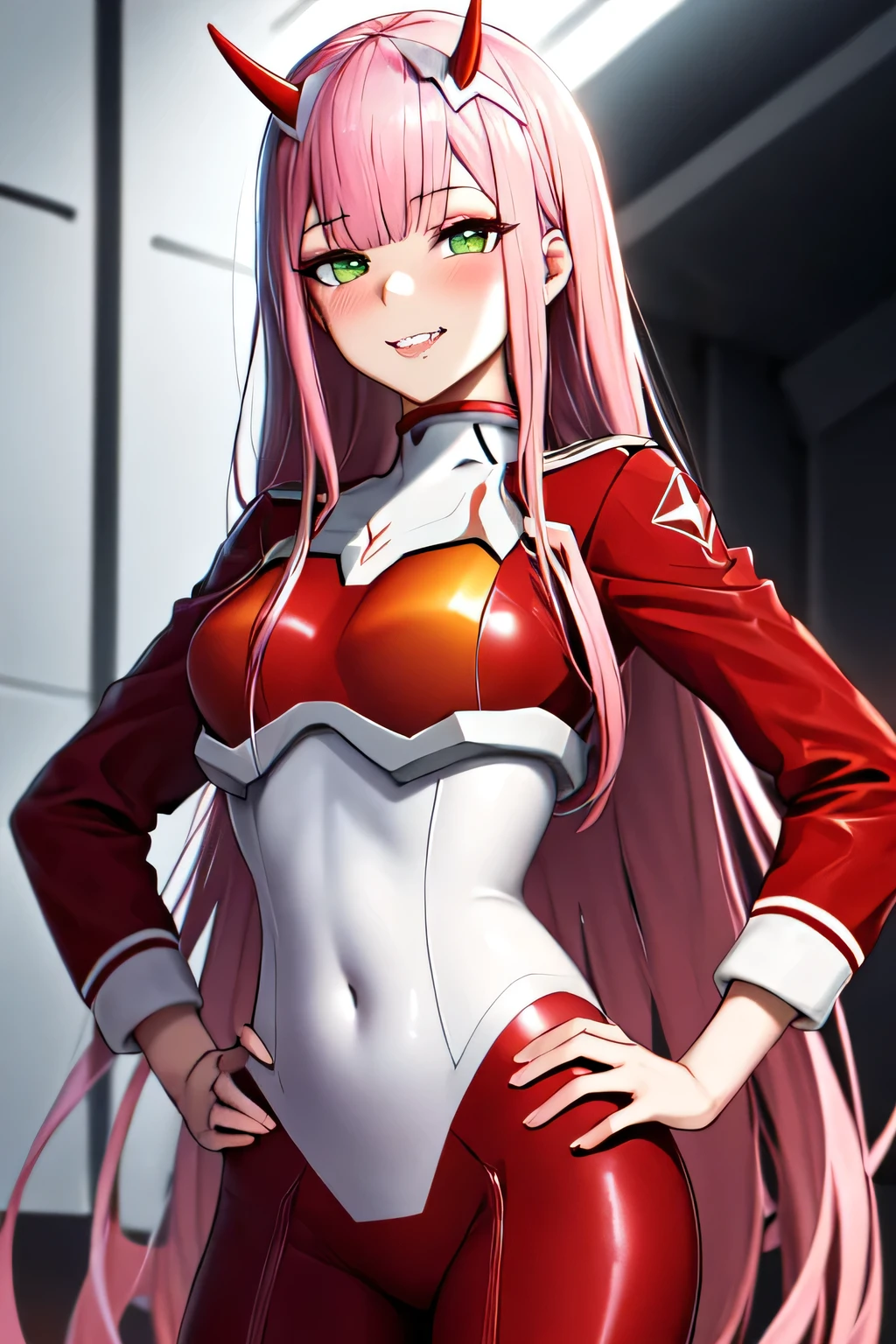 Very detailed background, Masterpiece, best quality, 1 girl, alone, ((Masterpiece, best quality)),The best aesthetics, zero two (darling in franxx), darling in franxx, smooth, bite, Blush, Cover the navel, eyelid, green eyes, hair on the back of the head, hands on hips, Horn, smile, long hair, looking at the audience, put on makeup, Medium bust, pilot suit, red suit, pink hair, red eyelid, science fiction, tight fitting, 