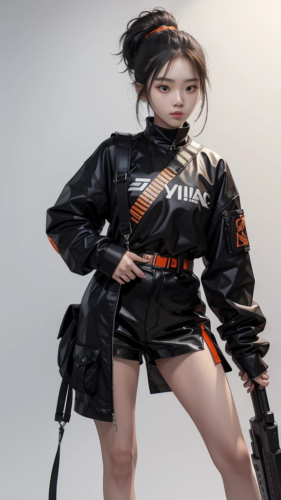 An 18 year old Korean teenage girl, Douyin, wears cool cyberpunk style clothes in variations of black and orange, poses coolly holding a katana, on a white background.