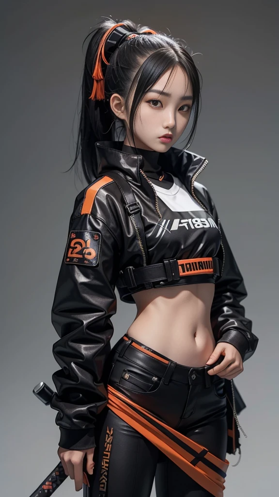 An 18 year old Korean teenage girl, Douyin, wears cool cyberpunk style clothes in variations of black and orange, poses coolly holding a katana, on a white background.