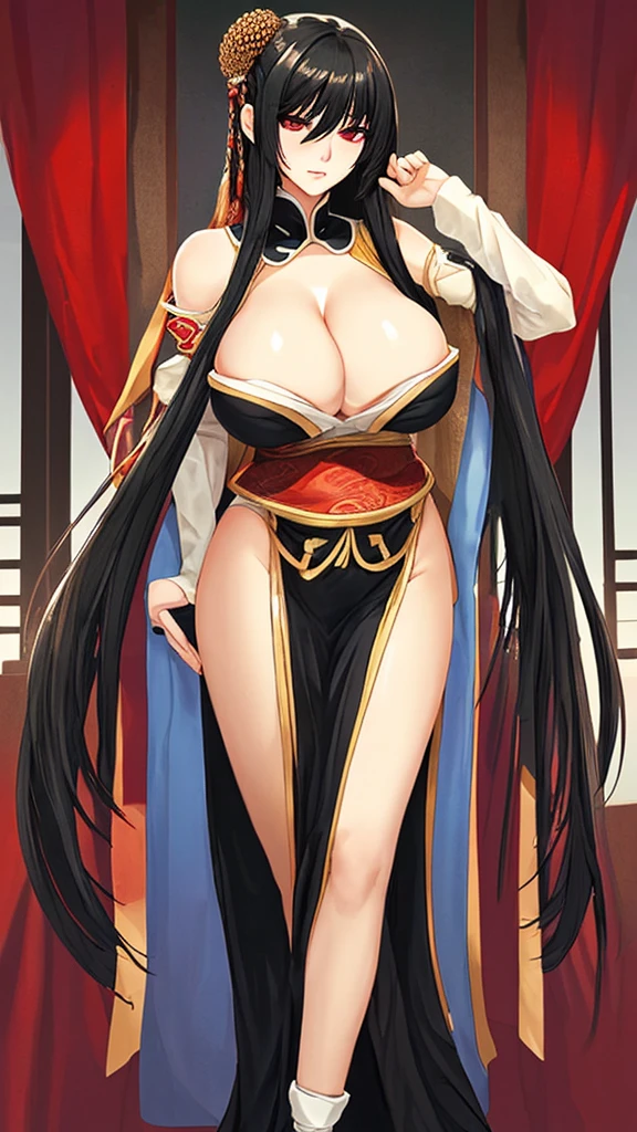 Female with long black straight hair, hairpin, big breasts, cleavage, imperial concubine&#39;s costume, flowery shoes, Chinese palace