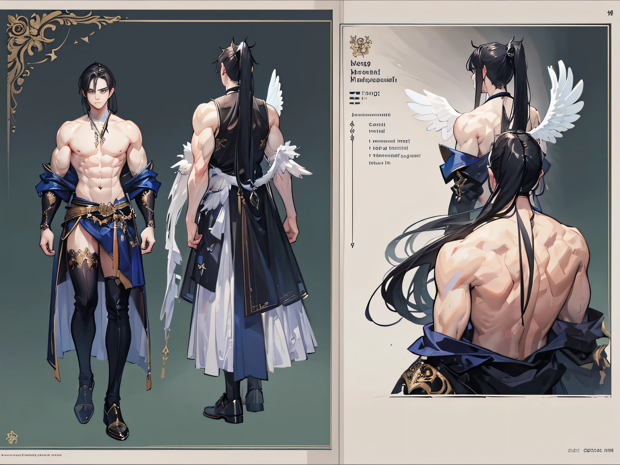 ((Masterpiece, Highest quality)), Male, boy, Detailed face, character design sheet， full bodyesbian, Full of details, frontal body view, back body view, Highly detailed, Depth, Many parts, angel wings, angel outfit, Muscle boy with black long ponytail hair, black hair, handsome man, male angel , man tall, pectoral, abs