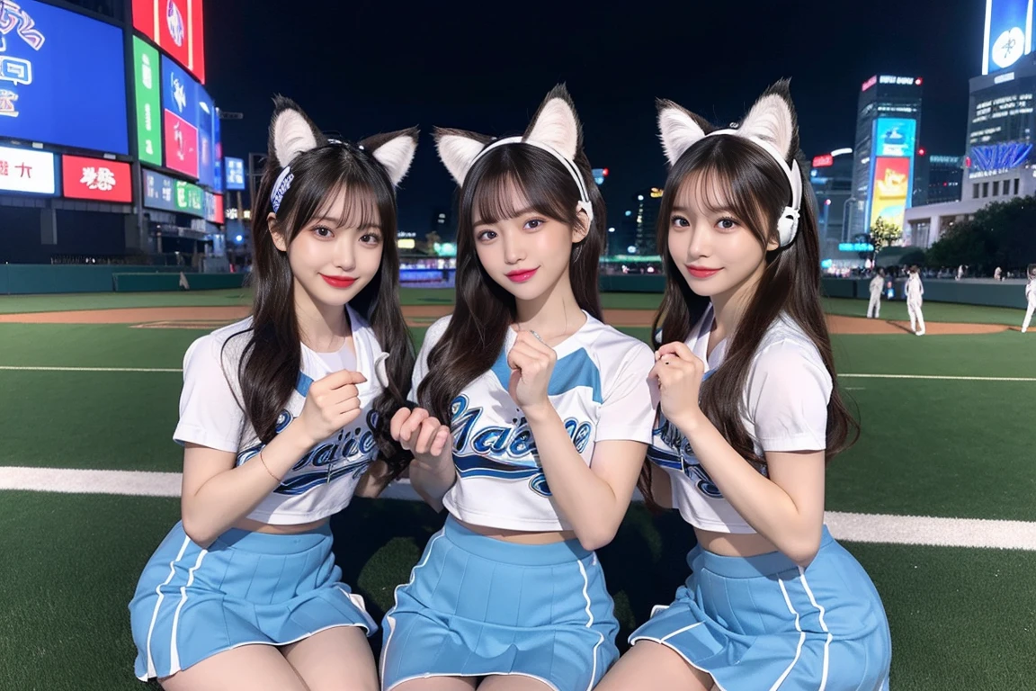 ((最high quality, 8k, masterpiece詳細, 超High resolution)), (Group photo), (Looking at the audience), (Mid Shot:), Attractive girl、Cute Girls、Four girls lined up、Random Face、Young Japanese women、Full body photo、whole、最high quality, masterpiece, 32k、Very detailed、Realistic、Japanese women、Cute face, (photo Actual:1.3), Edge lighting, (Skin with attention to detail:1.2), 8k超High resolution, Single-lens reflex camera, high quality, High resolution, 4K, 8k, Optimal ratio of four fingers to one thumb, (Actual:1.3), smile、自然なsmile、Baseball Cheerleader Costumes(Black、Light blue line design、Japanese professional baseball cheerleaders)、Cat ear headphones(ピンク色のネオンCat ear headphones)、Realistic、Super Realistic、32k、Very detailed、masterpiece, 最high quality, beautiful girl, beauty、 Mecha, Beautiful lighting, Sitting,Cyber Neon、Future City、Skyscraper、City Night、Shanghai、Big cities、Night view、綺麗なNight view