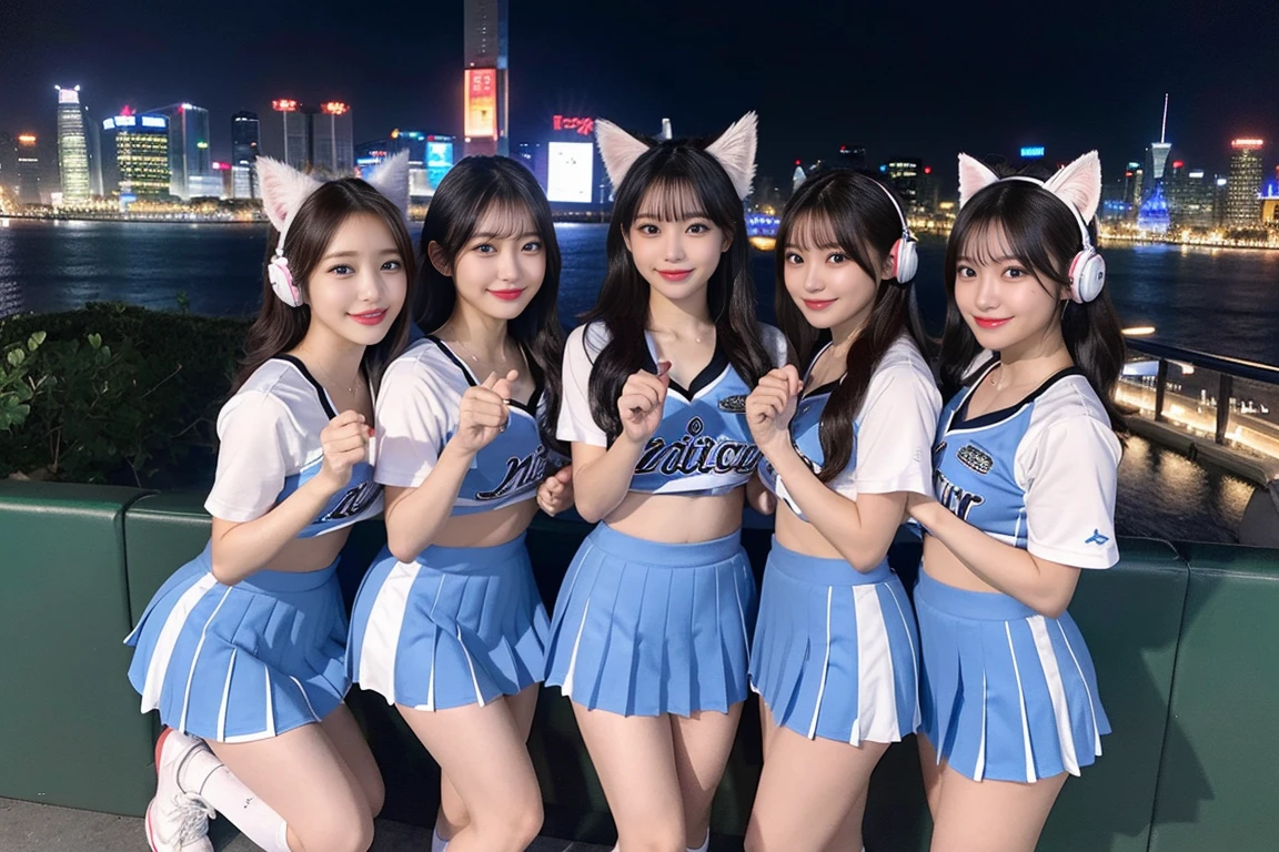 ((最high quality, 8k, masterpiece詳細, 超High resolution)), (Group photo), (Looking at the audience), (Mid Shot:), Attractive girl、Cute Girls、Four girls lined up、Random Face、Young Japanese women、Full body photo、whole、最high quality, masterpiece, 32k、Very detailed、Realistic、Japanese women、Cute face, (photo Actual:1.3), Edge lighting, (Skin with attention to detail:1.2), 8k超High resolution, Single-lens reflex camera, high quality, High resolution, 4K, 8k, Optimal ratio of four fingers to one thumb, (Actual:1.3), smile、自然なsmile、Baseball Cheerleader Costumes(Black、Light blue line design、Japanese professional baseball cheerleaders)、Cat ear headphones(ピンク色のネオンCat ear headphones)、Realistic、Super Realistic、32k、Very detailed、masterpiece, 最high quality, beautiful girl, beauty、 Mecha, Beautiful lighting, Sitting,Cyber Neon、Future City、Skyscraper、City Night、Shanghai、Big cities、Night view、綺麗なNight view