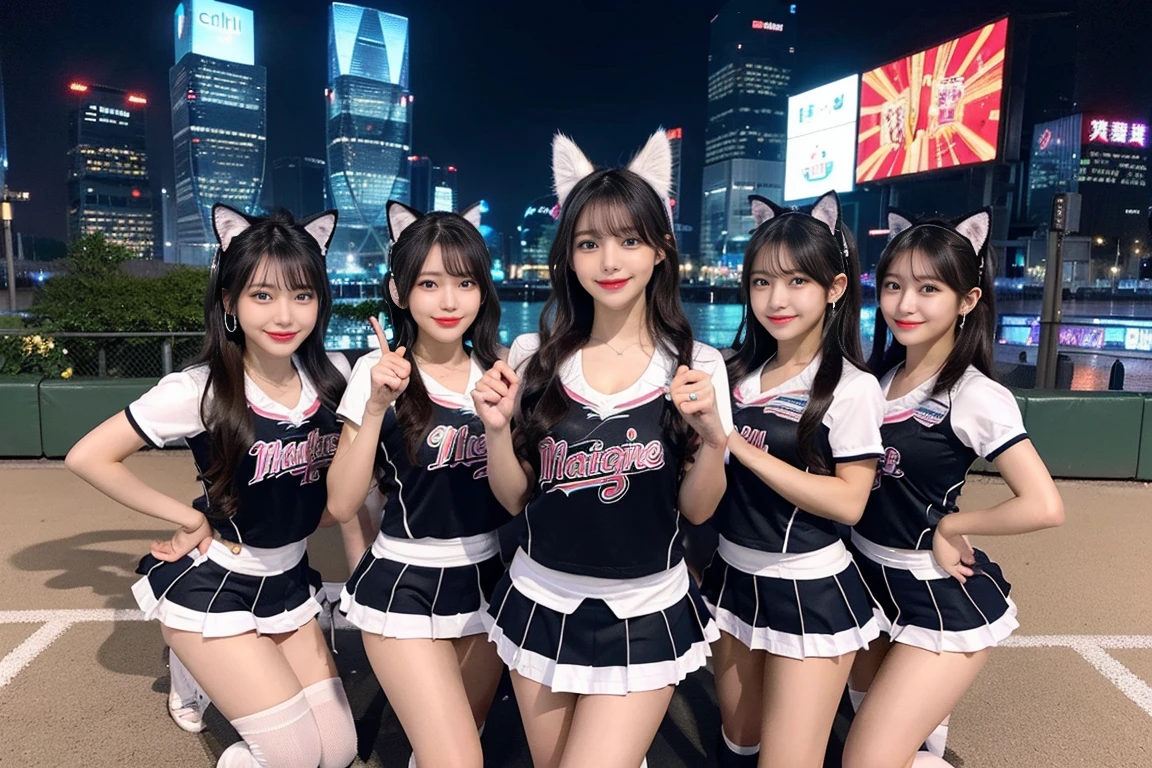 ((最high quality, 8k, masterpiece詳細, 超High resolution)), (Group photo), (Looking at the audience), (Mid Shot:), Attractive girl、Cute Girls、Four girls lined up、Random Face、Young Japanese women、Full body photo、whole、最high quality, masterpiece, 32k、Very detailed、Realistic、Japanese women、Cute face, (photo Actual:1.3), Edge lighting, (Skin with attention to detail:1.2), 8k超High resolution, Single-lens reflex camera, high quality, High resolution, 4K, 8k, Optimal ratio of four fingers to one thumb, (Actual:1.3), smile、自然なsmile、Baseball Cheerleader Costumes(Black、Light blue line design、Japanese professional baseball cheerleaders)、Cat ear headphones(ピンク色のネオンCat ear headphones)、Realistic、Super Realistic、32k、Very detailed、masterpiece, 最high quality, beautiful girl, beauty、 Mecha, Beautiful lighting, Sitting,Cyber Neon、Future City、Skyscraper、City Night、Shanghai、Big cities、Night view、綺麗なNight view