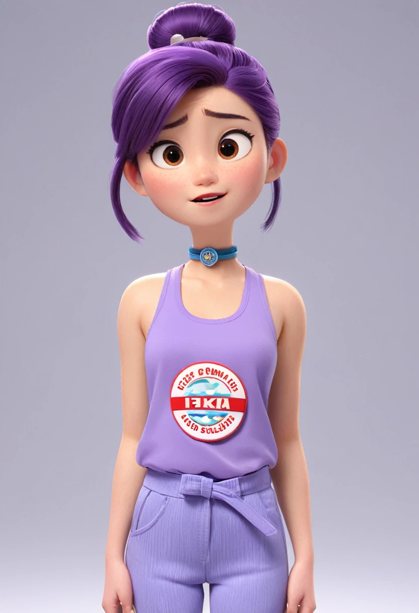 Une Japonaise de 16 ans, cheveux violet chignon en hauteur, collier bleu, Grey tank top, medicine badge top left, terrified, coincée et a moitié englouti dans le sable mouvant, style 3d pixar, (best quality, 4k, 8k, High resolution, chef-d'artwork:1.2), Ultra-detailed, (Realistic, photoRealistic, photo-Realistic:1.37), portraits, Des couleurs vives
