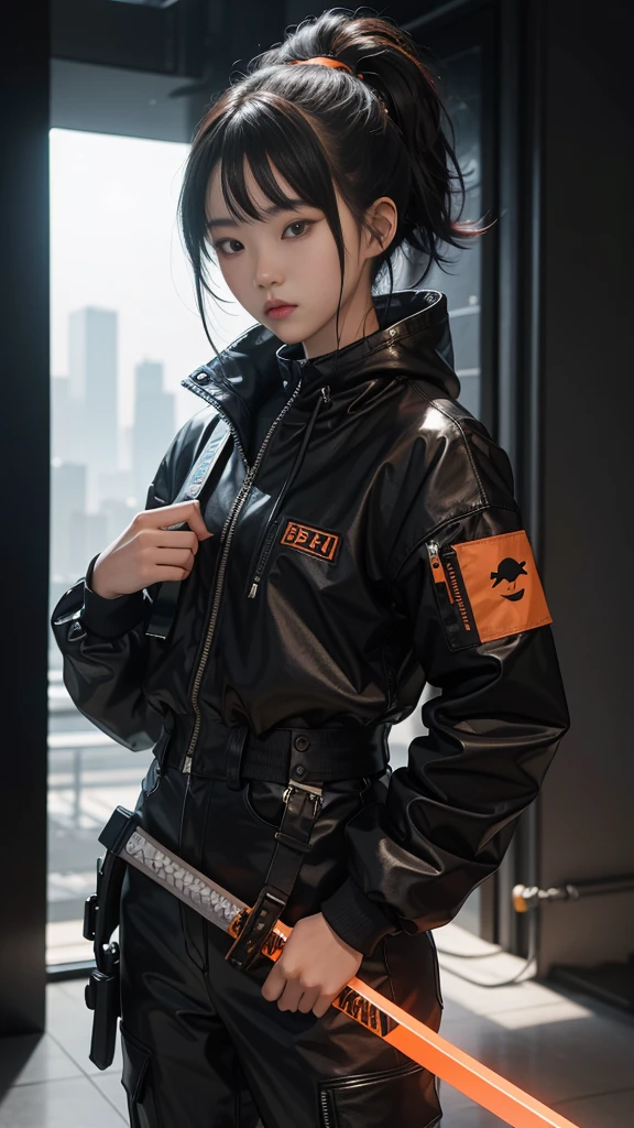 An 18 year old Korean teenage girl, Douyin, wears cool cyberpunk style clothes in variations of black and orange, poses coolly holding a sword, on a white background.