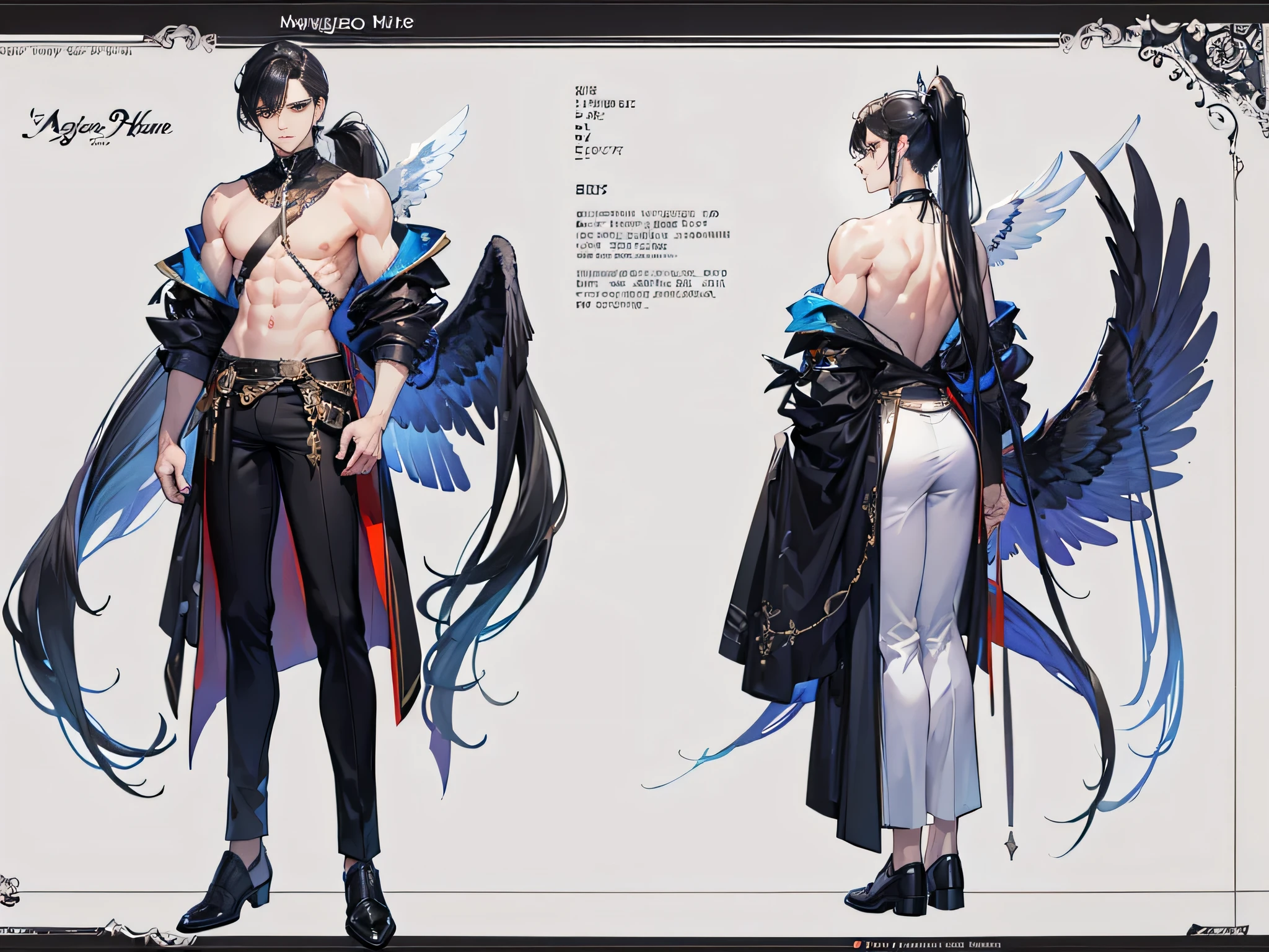 ((Masterpiece, Highest quality)), Male, boy, Detailed face, character design sheet, full bodyesbian, Full of details, frontal body view, back body view, Highly detailed, Depth, Many parts, angel wings, angel outfit, Muscle boy with black long ponytail hair, black hair, handsome man, male angel , man tall