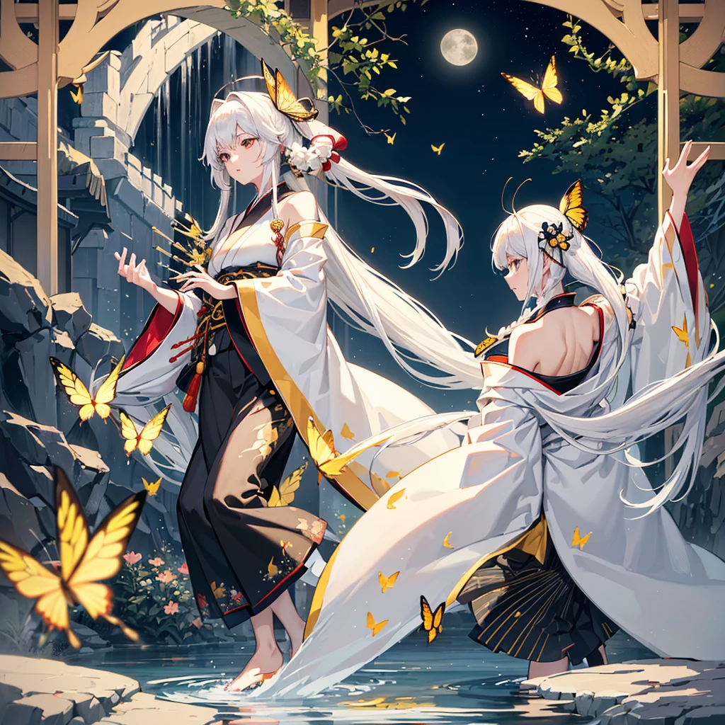 ((high resolution White Hair Long Hair Black kimono Black band Military commander Lonely despair)) ((Yellow butterfly night Japanese style Shoulder old Shining Aura garden water surface)) (Dance Blade of Darkness Japanese sword Swing down Slashing) moon star Draw your sword Slashing Catch the wind fall