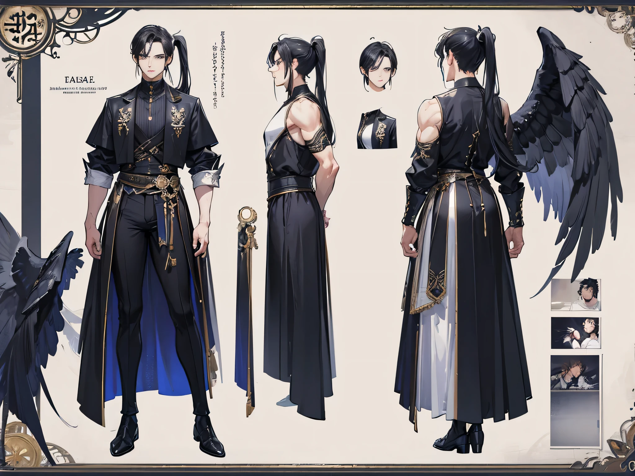 ((Masterpiece, Highest quality)), Male, boy, Detailed face, character design sheet， full bodyesbian, Full of details, frontal body view, back body view, Highly detailed, Depth, Many parts, angel wings, angel outfit, Muscle boy with black long ponytail hair, black hair, handsome man, male angel , man tall 