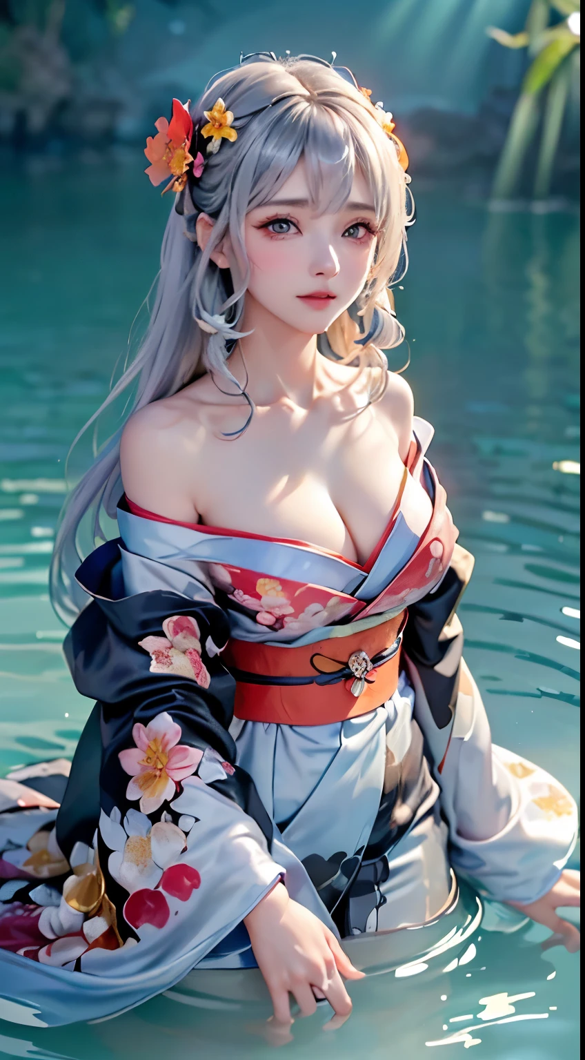 ((masterpiece:1.5、8k、Tabletop、フォトリアリスティックでVery detailedなCG、Very detailed、Particle Effects、Dynamic Effects、Written boundary depth、Cinematic Light、Lens flare、Ray Tracing、Tabletop、Realistic:1.4、超A high resolution:1.2、Realistic、Realistic))((alone、,A woman wearing a floral kimono off the shoulder:1.4、Dynamic female pose:、Detailed face、Bright expression、young, Brighter, Whiter skin、Ample breasts、Best Looks、Ultimate beauty、Shiny silver hair with highlights、Bright and shiny hair,、Super long, Silky straight hair、Hair swaying in the water))(underwater,Beautiful underwater ruins background,Air bubbles、Because they are underwater, their kimono and hair follow the flow of the water.)((Off-the-shoulder style,The sleeves of the kimono are connected、Expose your shoulders、Expose the neck、Exposing cleavage:1.2))((Black kimono with floral pattern and red obi:1.3)