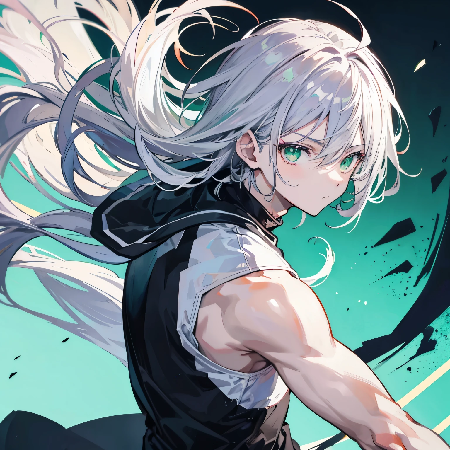Anime dark guy with silver hair and green eyes playing volleyball