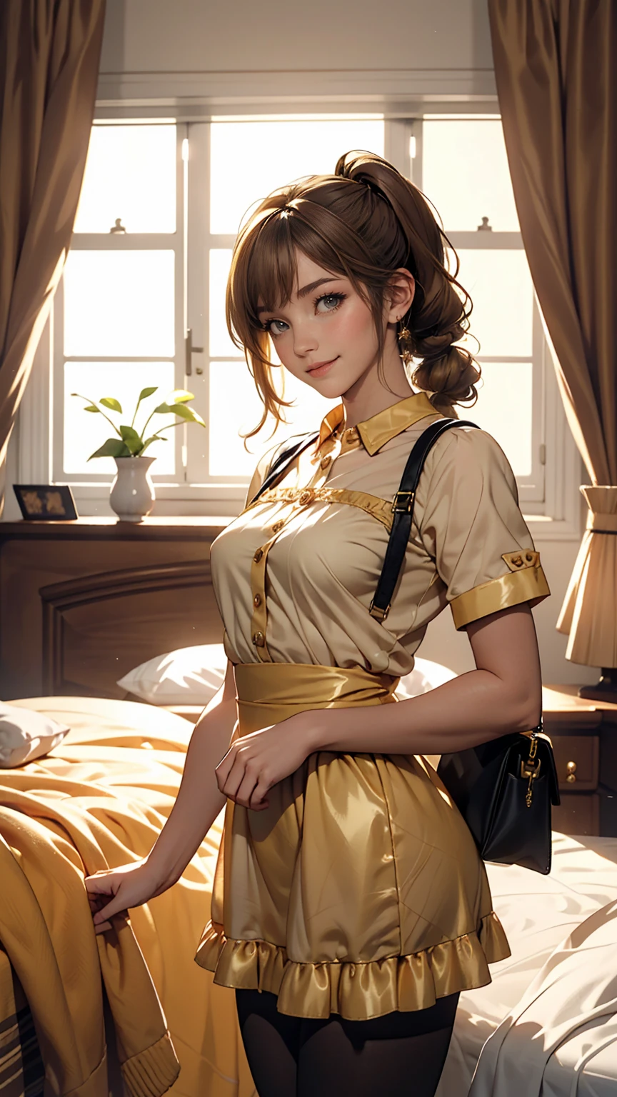 Minami Kotori, One girl, 一人in, masterpiece, One girl, highest quality, Super detailed, (Shiny), , ((bedroom)), indoor, bed, :p, blush, Ray Tracing,perfect Lighting, (Shiny skin:1.2),reflection, length_hair, Looking_in_Audience, blush, skirt, ribbon, Twin tails, yellow_eye, pantyhose, bag, black_pantyhose, low_Twin tails, Light_Brown_hair, Hello, Nipples, Browsing Caution,