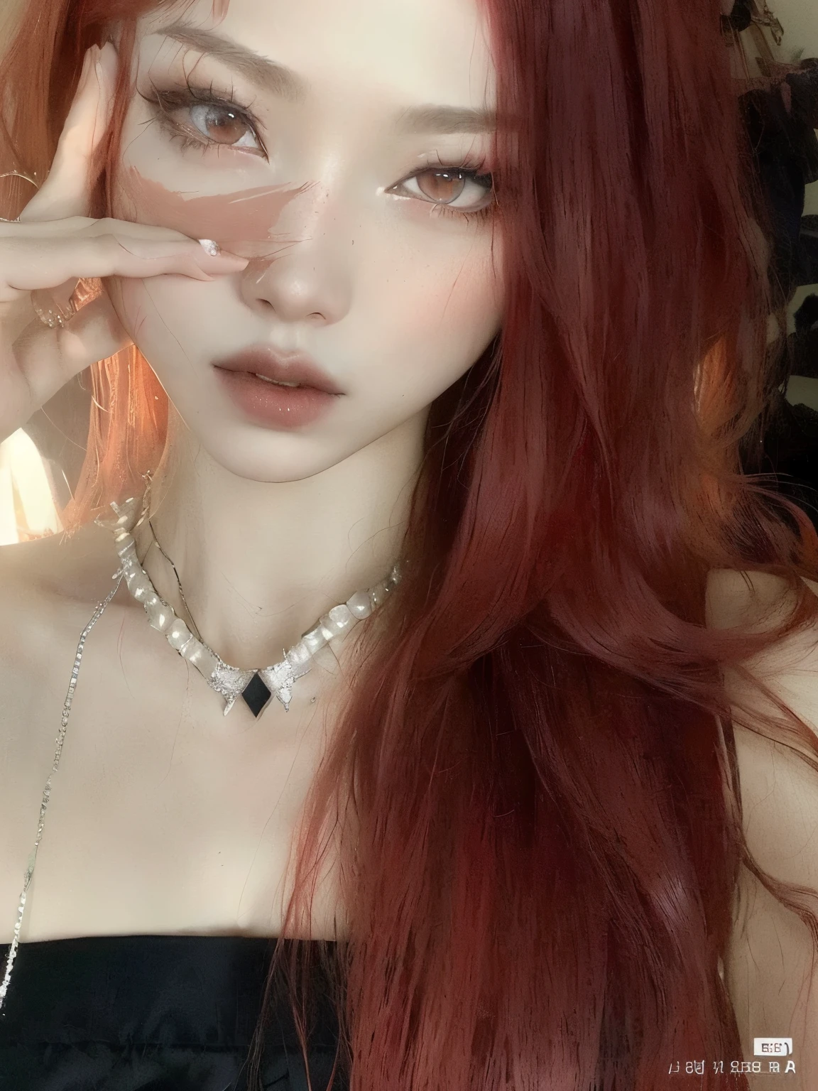 arafed woman red hair and a necklace holding her hand to her eye, Ulzzang, Cruel Korean Gothic Girl, red hair, has long red hair, Has long hair and sharp eyes., Crimson hair and red eyes., pale red, Pale gothic beauty, Goth girl beauty, red hairหยิก, hair dyed red, Long red hair, white streaks