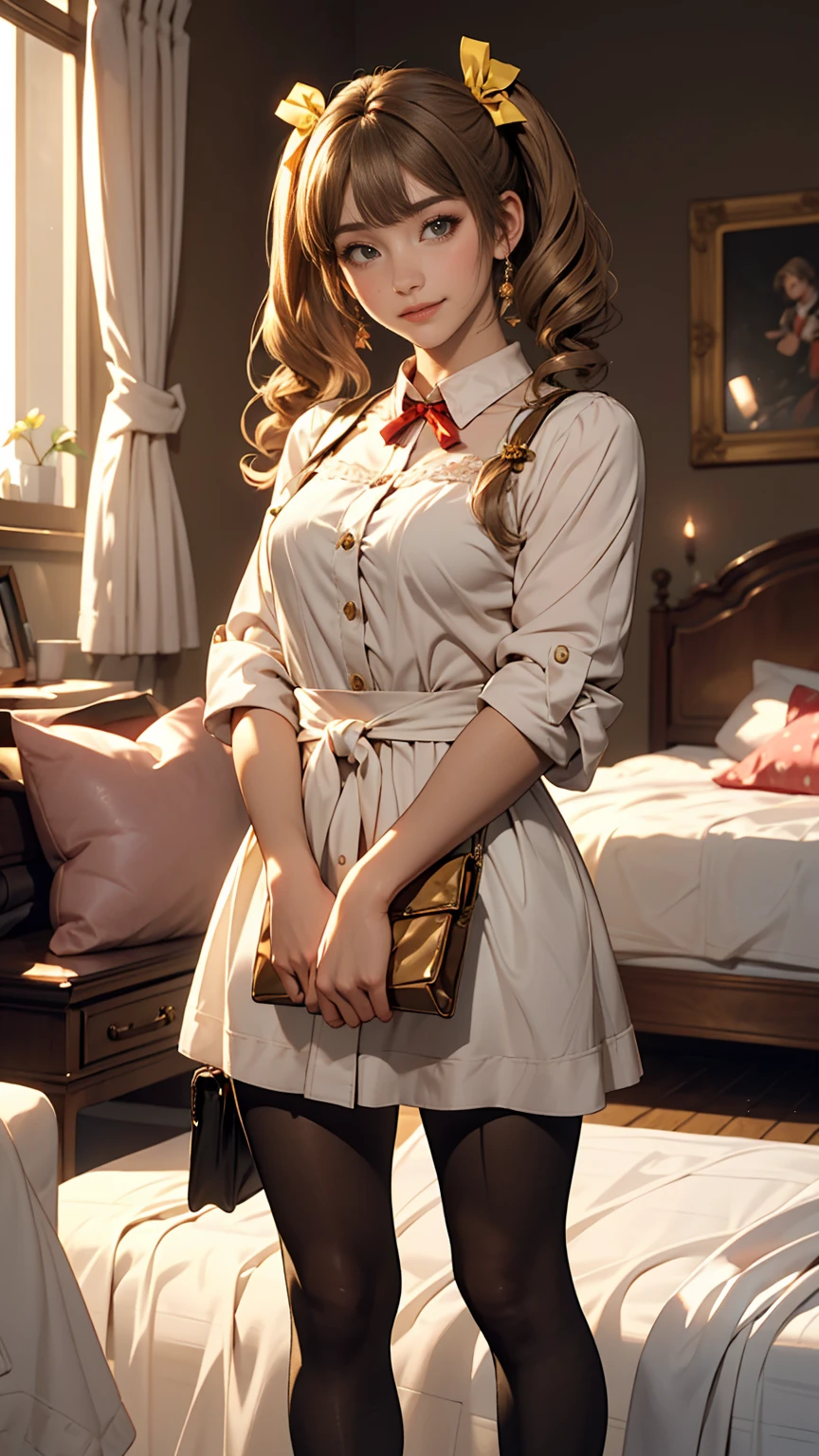 Minami Kotori, One girl, 一人in, masterpiece, One girl, highest quality, Super detailed, (Shiny、Sheer), , ((bedroom)), indoor, bed, :p, blush, Ray Tracing,perfect Lighting, (Shiny skin:1.2),reflection, length_hair, Looking_in_Audience, blush, Sheerスカート, ribbon, Twin tails, yellow_eye, pantyhose, bag, black_pantyhose, low_Twin tails, Light_Brown_hair, Hello, Nipples, Browsing Caution,、smile