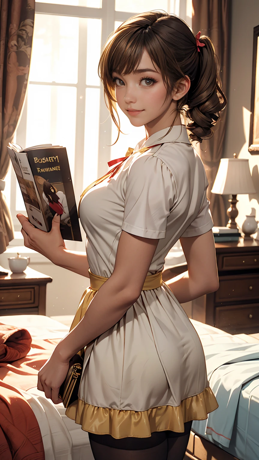 Minami Kotori, One girl, 一人in, masterpiece, One girl, highest quality, Super detailed, (Shiny、Sheer), , ((bedroom)), indoor, bed, :p, blush, Ray Tracing,perfect Lighting, (Shiny skin:1.2),reflection, length_hair, Looking_in_Audience, blush, Sheerスカート, ribbon, Twin tails, yellow_eye, pantyhose, bag, black_pantyhose, low_Twin tails, Light_Brown_hair, Hello, Nipples, Browsing Caution,、smile