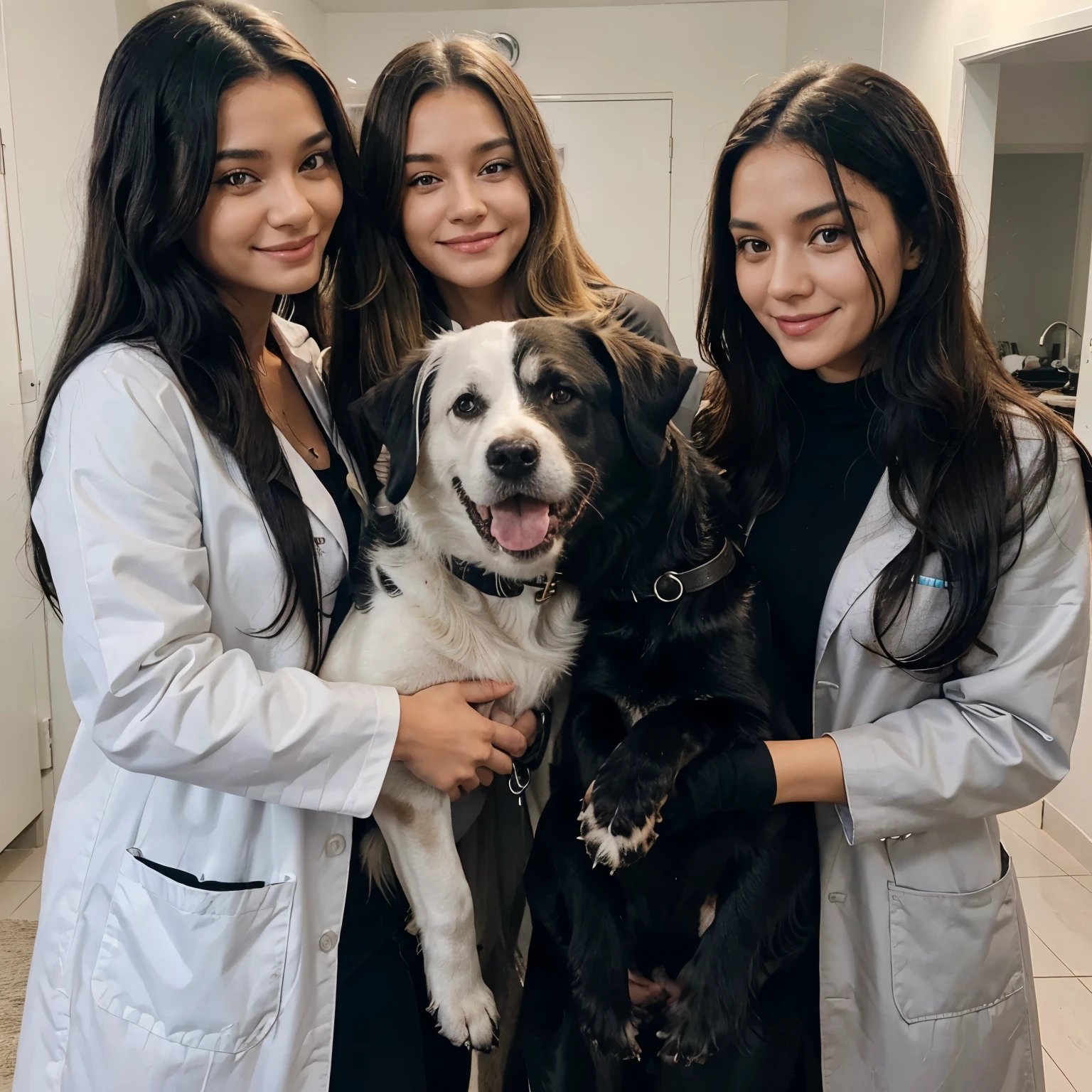 Make a family smile, o pai tem cabelo preto, mother tied and blonde hair, daughter 1 has long black hair and is wearing a lab coat and a stethoscope, Daughter 2 has her black hair down and is holding three dogs, two black and one white., Are they happy