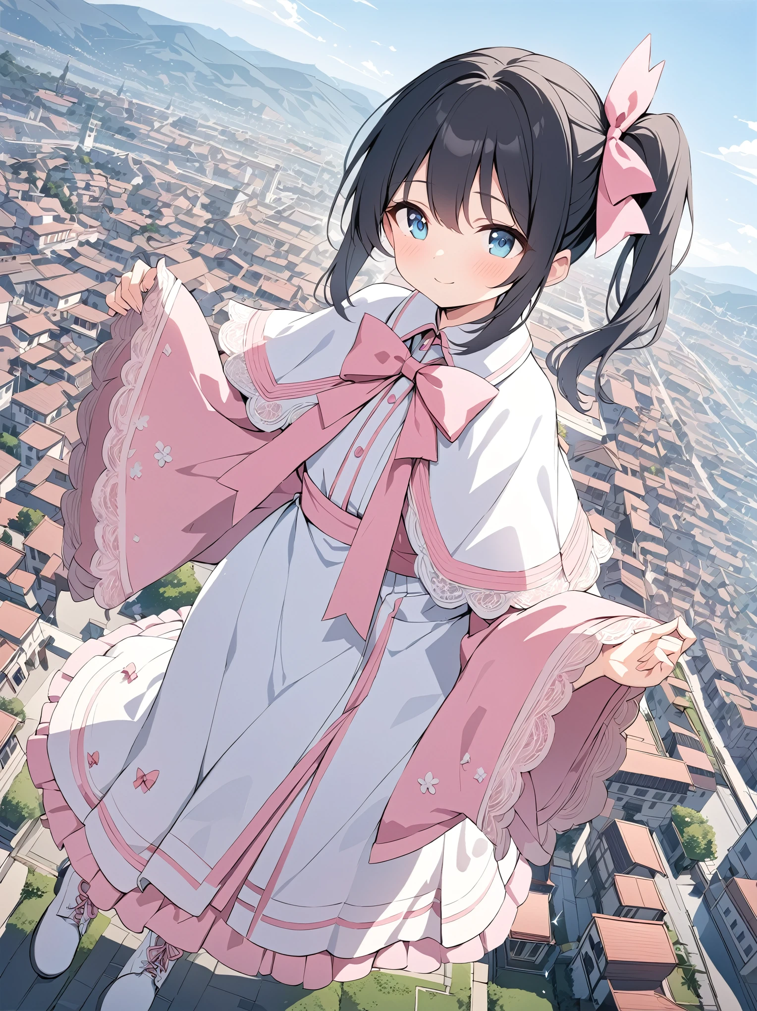 best quality, masterpiece, ultra resolution, super details, anatomically correct, full body, 1 girl, solo, (junior child:1.2), (black hair:1.2), high quality eyes, high quality hands, clear blue eyes, (side ponytail on the left:1.4), (short hair), (pink lace ribbon:1.3), white dress with pink edge, (white caplet:1.3), (large collar bow:1.5), long sleeves, wide cuffs, pink obi, (long skirt), soft ankle boots, kind smile, holding a pair of folding fan, flying above a town, blue sky, warm bleeze, flying flower flakes, high quality background, depth of field, random angle