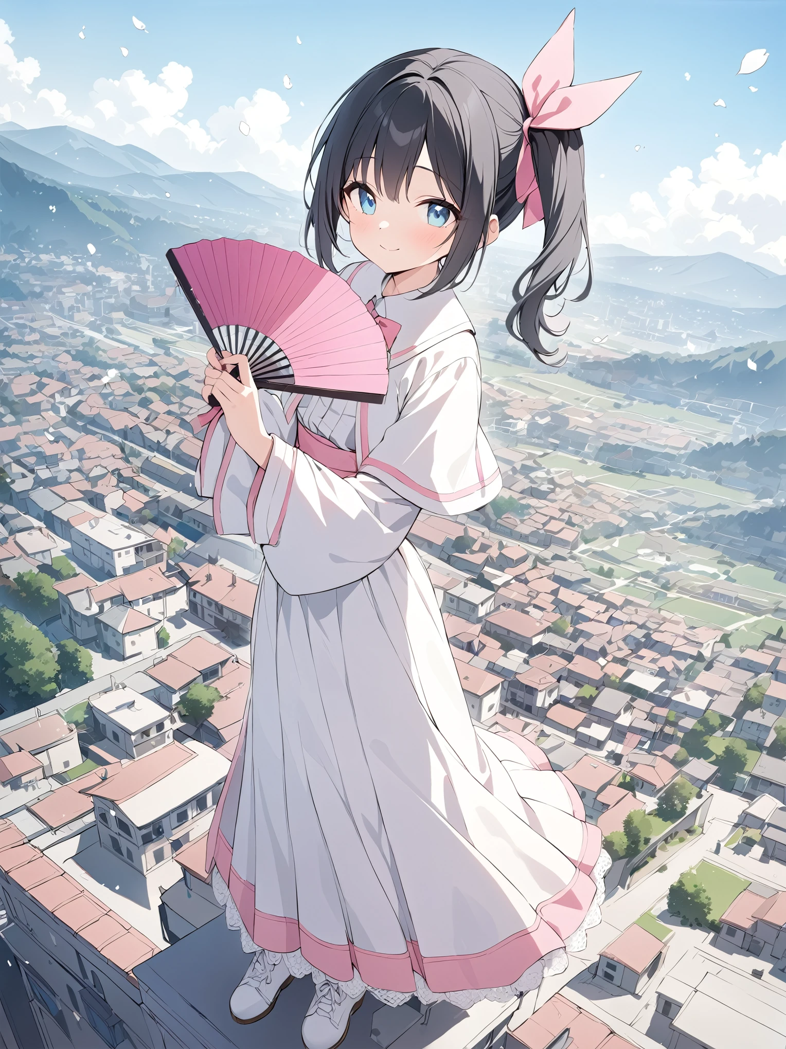 best quality, masterpiece, ultra resolution, super details, anatomically correct, full body, 1 girl, solo, (junior child:1.2), (black hair:1.2), high quality eyes, high quality hands, clear blue eyes, (side ponytail on the left:1.4), (short hair), (pink lace ribbon:1.3), white dress with pink edge, (white caplet:1.3), (large collar bow:1.5), long sleeves, wide cuffs, pink obi, (long skirt), soft ankle boots, kind smile, holding a pair of folding fan, flying above a town, blue sky, warm bleeze, flying flower flakes, high quality background, depth of field, random angle