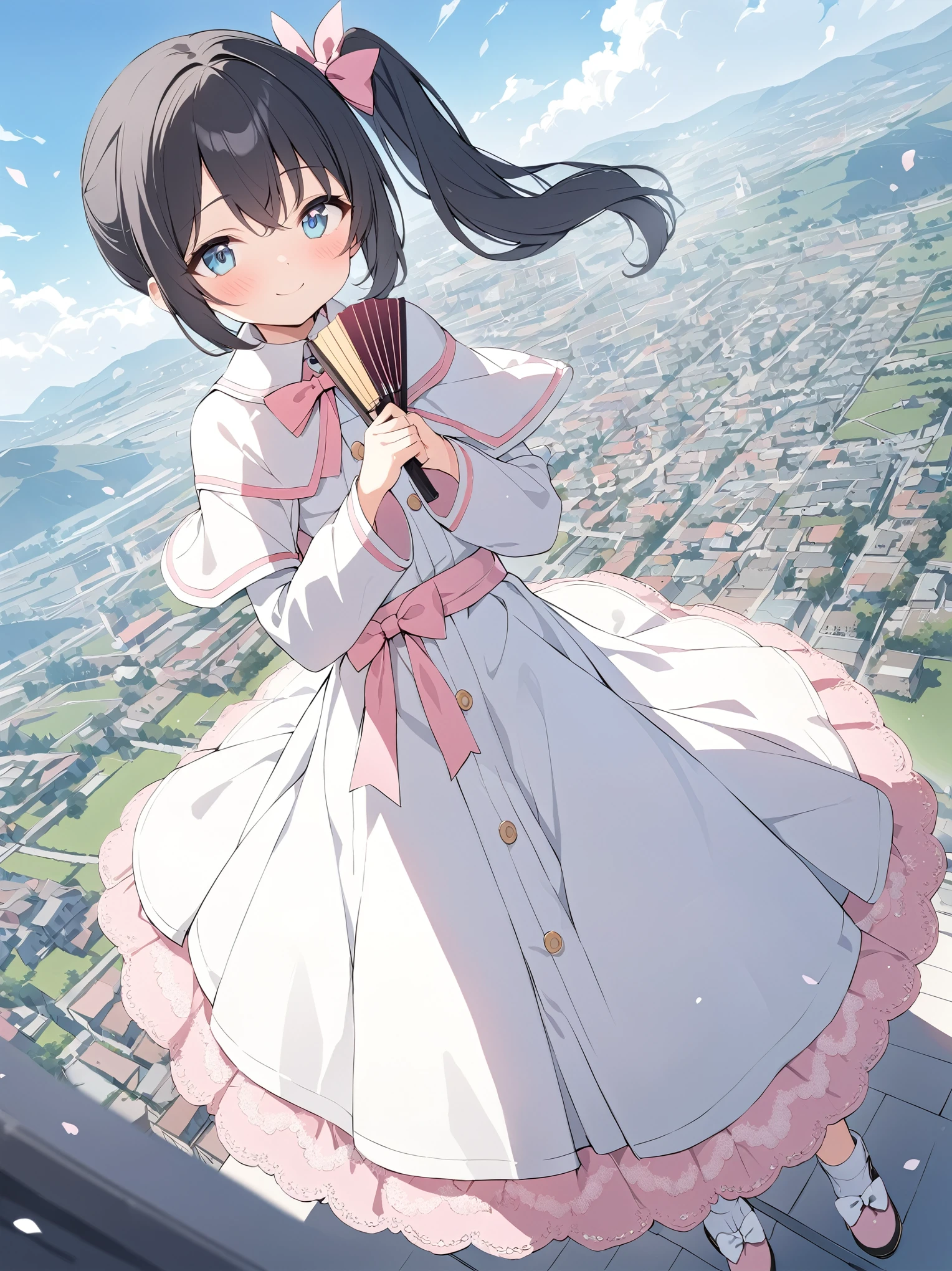 best quality, masterpiece, ultra resolution, super details, anatomically correct, full body, 1 girl, solo, :1.2), (black hair:1.2), high quality eyes, high quality hands, clear blue eyes, (side ponytail on the left:1.4), (short hair), (pink lace ribbon:1.3), white dress with pink edge, (white caplet:1.3), (large collar bow:1.5), long sleeves, wide cuffs, pink obi, (long skirt), soft ankle boots, kind smile, holding a pair of folding fan, flying above a town, blue sky, warm bleeze, flying flower flakes, high quality background, depth of field, random angle