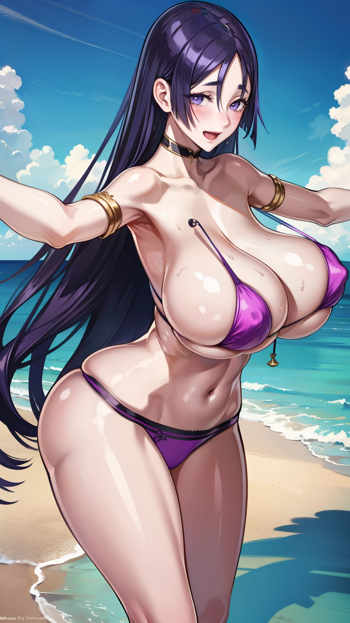 ,Open mouth,big breasts,wide hips,,,purple hair,blush,,smile,,outdoor,milf,from front,beach,purple bikini,beach,sunlight,,choker,armlet,blue sky,open arms,water,ocean,,masterpiece,best quality,ultra detailed,,make-up,rouge,mascara,focus breasts,.tall,chubby milf,wide hip, best quality,  best quality ,masterpiece,an extremely delicate and beautiful, extremely detailed, Amazing, finely detail, 8k wallpaper,huge filesize , ultra-detailed, highres, extremely detailed,realistic, 8K, Ultra-High Definition, highest quality, ultra high resolution, , High quality texture,realistic photo,Highly detailed,