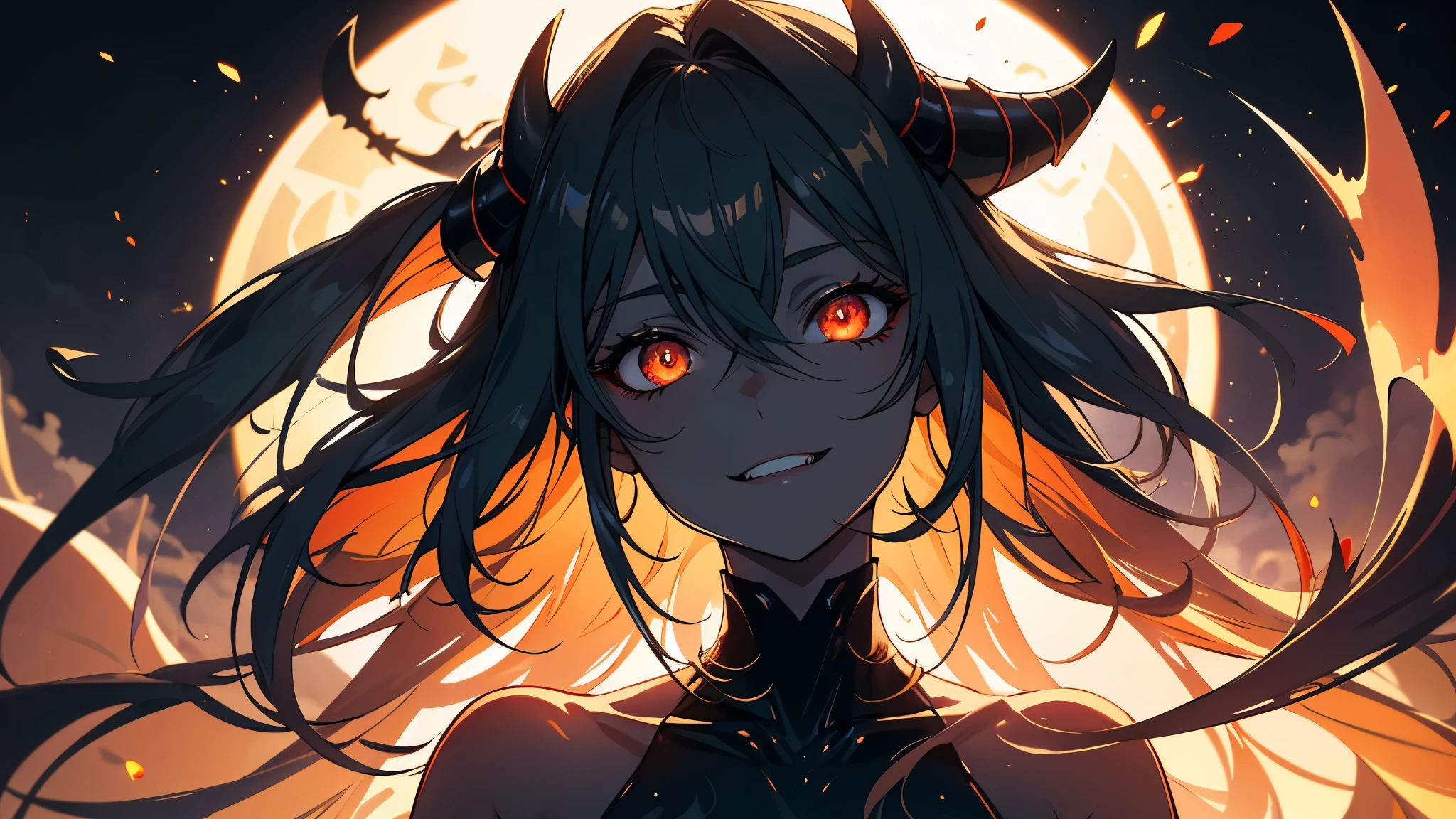 Glowing eyes in maximum darkness, A devilish smile with bared fangs, full dark, dark, break, female silhouette in the dark, Almost invisible, (Ultra-realistic), {Highly detailed CG unit 8k wallpaper}, Vast landscape photography, (Showing people、Low distance shot with focus on the scene, Vast open field views), (Low angle shot), (highlight: 0), (Low Light: 0.5)(Warm light source: 0.5), More information Complex, (Rainbow-colored: 0.5), (Bright lighting), (Atmospheric lighting), darkest
