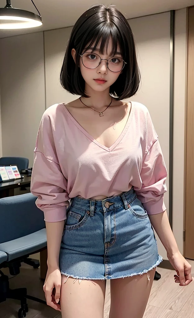 1 girl, 18 years old busty woman, eye glasses, black straight bob hair with bangs, light pink blush, standing against gaming table, gaming room, neon room lights, plain white v-neck t-shirt, small waist, denim mini skirt,
thighs, bare legs, 