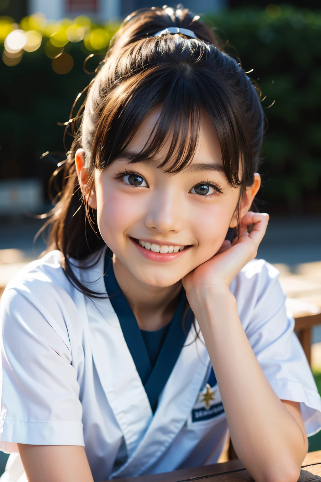 lens: 135mm f1.8, (highest quality),(RAW Photos), (Tabletop:1.1), (Beautiful 6 year old Japanese girl), Cute face, (Deeply chiseled face:0.7), (freckles:0.4), dappled sunlight, Dramatic lighting, (Japanese School Uniform), (On campus), shy, ponytail, (Close-up shot:1.2), (smile),, (Sparkling eyes)、(sunlight),