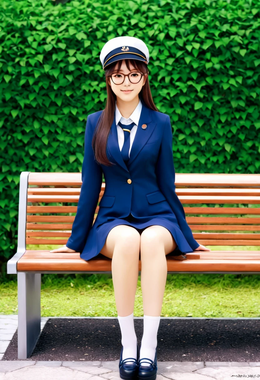Anime girl with glasses and a hat sitting on a bench, Marin Kitagawa Fanart, Cute girl anime visuals, Misato Katsuragi, As an anime character, Anime Moe Art Style, Magic , safebooru anime images, y 2 k cutecore crowncore, Short full body portrait!, megumu okada