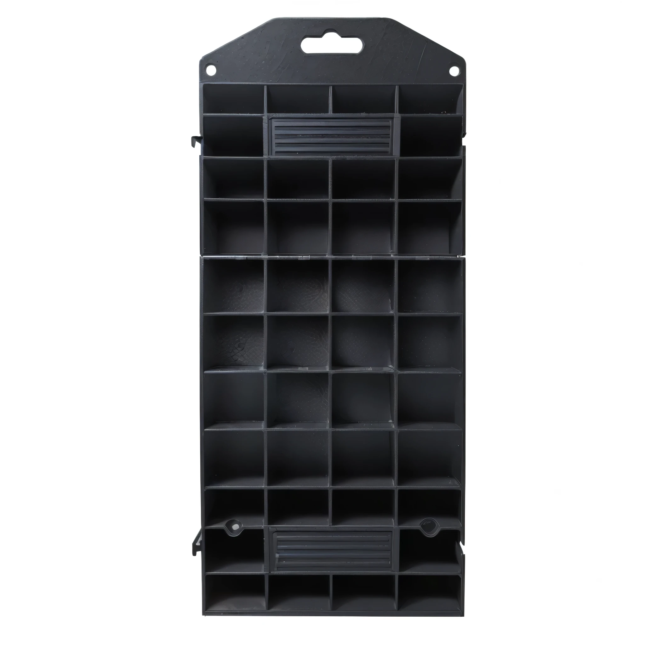a close up of a black plastic shelf with a number of compartments, Bottom View, Bottom View, product photo,  dysfunction, Bottom Angle, official product photo, 435456k film, 43456k film, Maximum, detailed product photo, black plastic, Official product images, textured base ; product photos, master