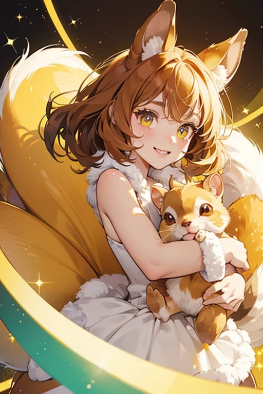 Beryl is a squirrel with yellow fur, a light yellow underbelly and cheeks, a bushy tail lined with a dark brown stripe, large circular eyes with small pupils and two eyelashes on each eye, a small dark brown nose, and a buck tooth. SPARKLE; GLITTER