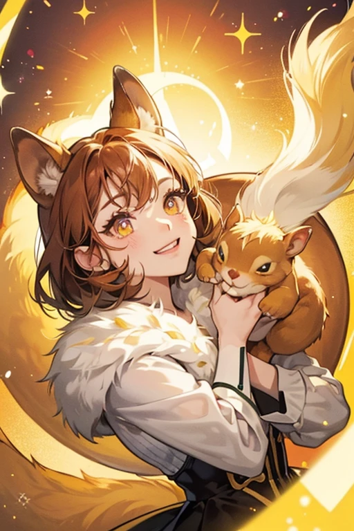 Beryl is a squirrel with yellow fur, a light yellow underbelly and cheeks, a bushy tail lined with a dark brown stripe, large circular eyes with small pupils and two eyelashes on each eye, a small dark brown nose, and a buck tooth. SPARKLE; GLITTER
