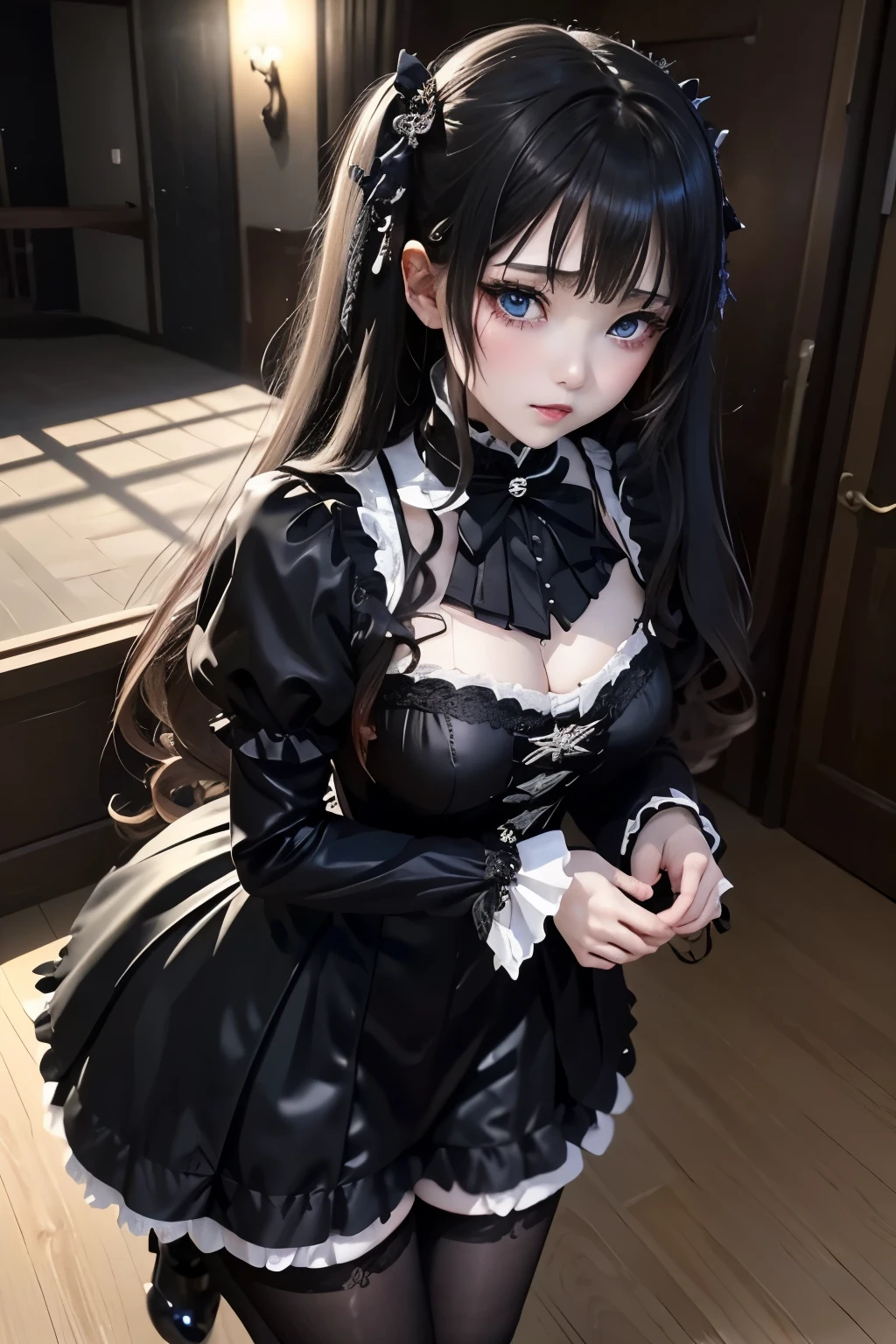 ハードDark Gothicメイク、Deep Night Sky、Horror、Black dark eyeshadow、cry、sad、Good skin radiance、Dark Gothicメイク、Dark smile、palace、The beauty of fragrance、24-years-old、Expressions of intense sexual pleasure、Embarrassed look、Dark Gothic、Obscene language、highest quality、Expression of sexual pleasure amid suffering、Drunk face、紫のMaid clothes、Mysterious、Noble、The face of someone who is holding in the toilet、sexy、Loving smile、Twin tail hair、Right blue eye, Left eye is red、Super seductive pose、Platform Heel Shoes、Heavy makeup、Gothic Lolita Clothing、A little slimmer、Silver Hair、Long Hair Straight Hair、Cute Gothic Lolita Dress、Beautiful Face、elegant features、Fascinating face、Stained glassが背景、Chest glistening with sweat、The room is dark、goth long dress、Bell Sleeves、Wizard Sleeve、Decadent look、Sexually excited expression、Glossy thighs wet with water、Thighs that are wet and shiny with oil、Background of a room full of roses、sad表情、Rose Maiden、The embroidery is pink、The dress has pink embroidery、Thigh-high socks、Knee-high socks、Gentle expression、Dark black eyeshadow、despicable act、Stained glassと薔薇背景、thighs are a little thin、Female Duo、Female couple、dark church background、Stained glass、Black metal world、Dark Castle、Dark Room、Slender body、upright、walk、Are standing、gothic long dresaid clothes、Victorian dresses、Her thighs glisten with sweat、My body is wet and shiny、Lots of glitter on the thighs、sweating、My thighs are sticky from sweating、Sweat glistens on the thighs, The whole body is sweaty and shiny、Quite sweaty、My thighs are sweaty、My thighs are so wet、My thighs are shining with sweat、A lot of sweat glistens all over the body、The thighs are the best、electric guitar、play the guitar、have a guitar、gothic stage、Live Play guitar、