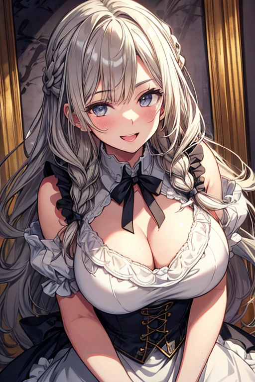 (Masterpiece: 1.2), Best Quality, (Illustration: 1.2), Eye Focus, (Ultra Detailed), Ultra Detail, (Fine Detail), (Intricate Detail), (Cinematic Light, Best Quality Backlight), Clear Lines, Solo Female, Solo Female, Perfect Figure, (1 Girl), High Contrast, (Best Lighting, Extremely Delicate and Beautiful), ((Cinematic Light)), Powerful, Absolutely Striking, Dynamic Angle, Gorgeous Background, cute Teeth, Open Mouth, mischievous smile, close-up, depth of field, close-up of a long-haired character. A cute tongue sticks out of the mouth, long hair, big breasts, short sleeves, dress, bare shoulders, braids, porcelain clothes
