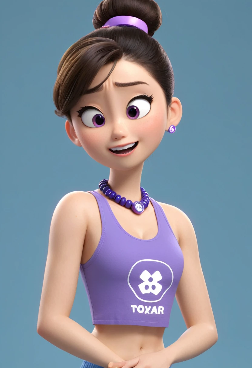 Une Japonaise de 16 ans, cheveux violet chignon en hauteur, collier bleu, Grey tank top, medicine badge top left, terrified, coincée et a moitié englouti dans le sable mouvant, style 3d pixar, (best quality, 4k, 8k, High resolution, chef-d&#39;artwork:1.2), Ultra-detailed, (Realistic, photoRealistic, photo-Realistic:1.37), Des couleurs vives