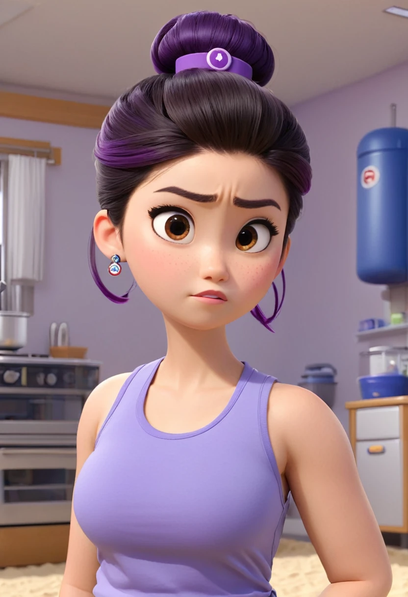 Une Japonaise de 16 ans, cheveux violet chignon en hauteur, collier bleu, Grey tank top, medicine badge top left, terrified, coincée et a moitié englouti dans le sable mouvant, style 3d pixar, (best quality, 4k, 8k, High resolution, chef-d&#39;artwork:1.2), Ultra-detailed, (Realistic, photoRealistic, photo-Realistic:1.37), Des couleurs vives