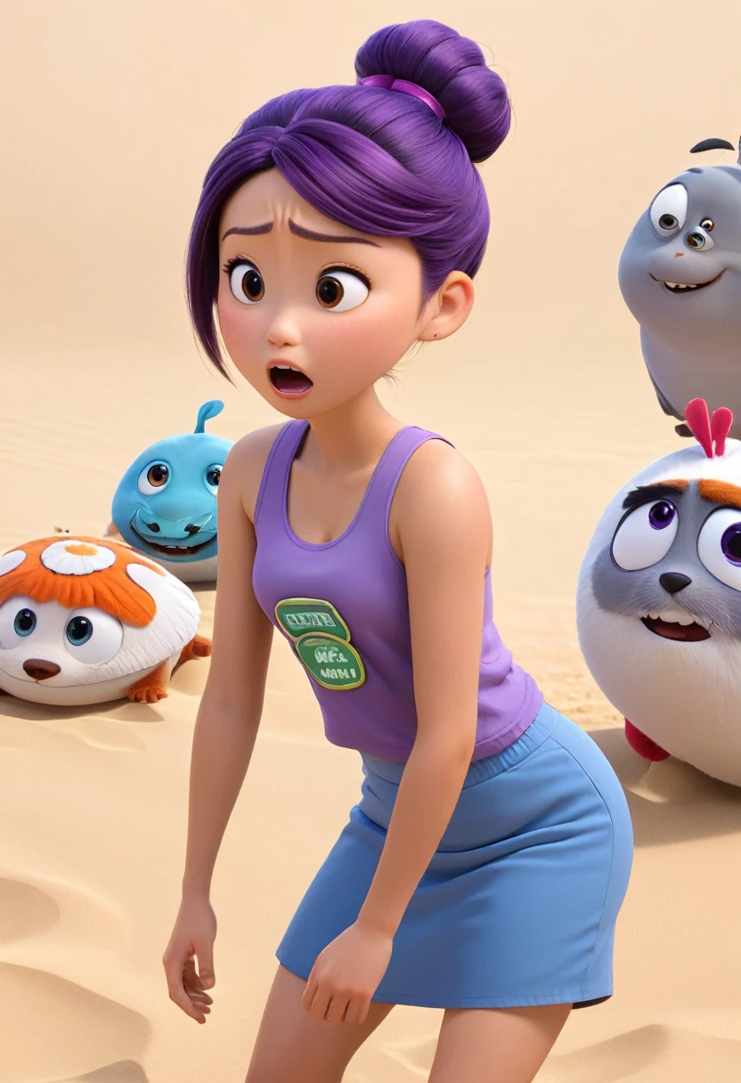 Une Japonaise de 16 ans, cheveux violet chignon en hauteur, collier bleu, Grey tank top, medicine badge top left, terrified, coincée et a moitié englouti dans le sable mouvant, style 3d pixar, (best quality, 4k, 8k, High resolution, chef-d'artwork:1.2), Ultra-detailed, (Realistic, photoRealistic, photo-Realistic:1.37), Des couleurs vives